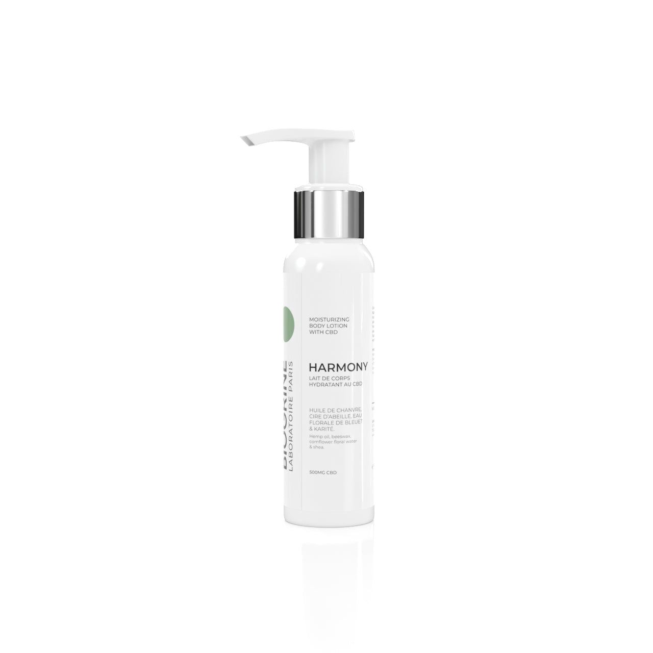 Flacone bianco con dosatore. Scritta: HARMONY, lozione corpo idratante con CBD. Marchio: BIOGRINE.