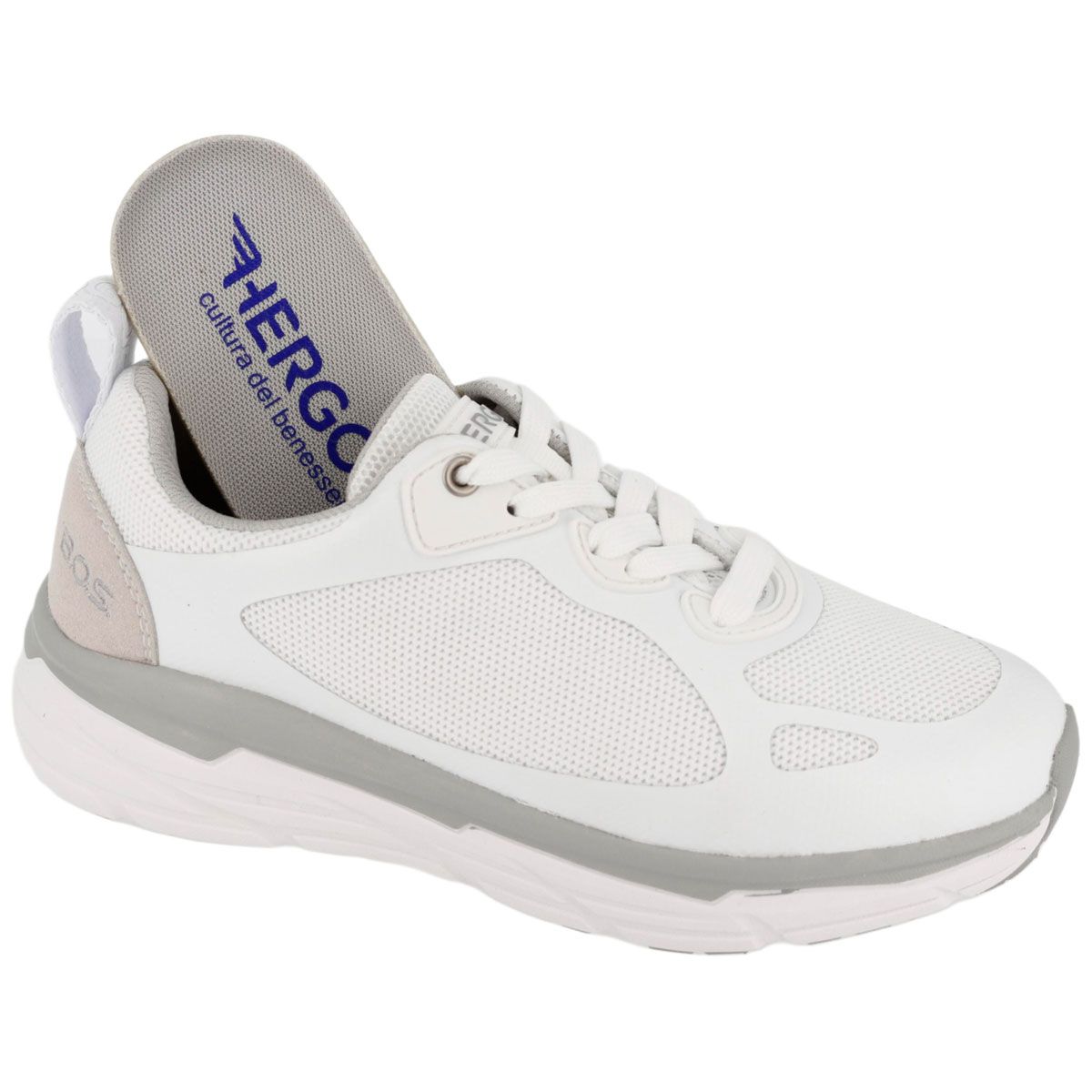 Sneaker bianco con soletta estraibile. Accenti grigi, tomaia in mesh. Marchio Hergos.