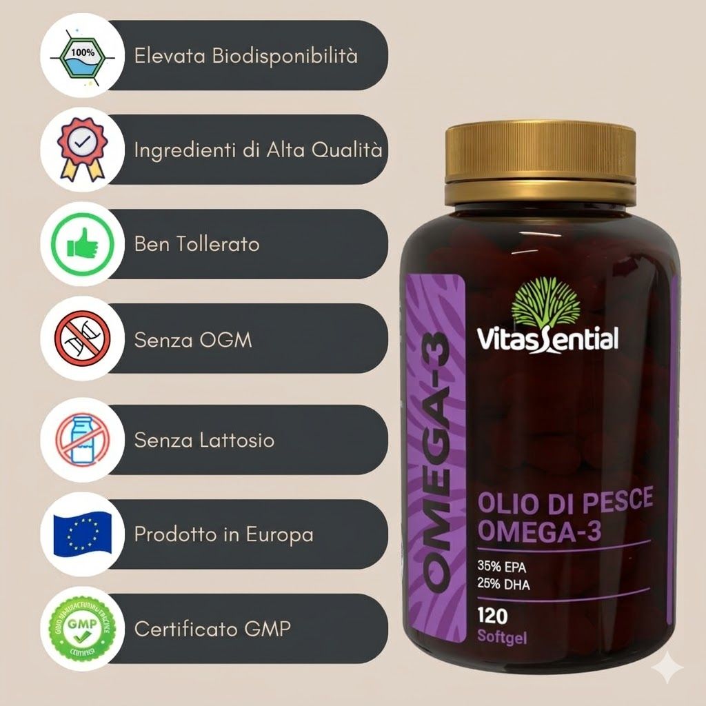 Bottiglia marrone di Omega-3. Scritta: Vitassential, Omega-3 Olio di pesce, 120 softgel. Certificazione GMP.