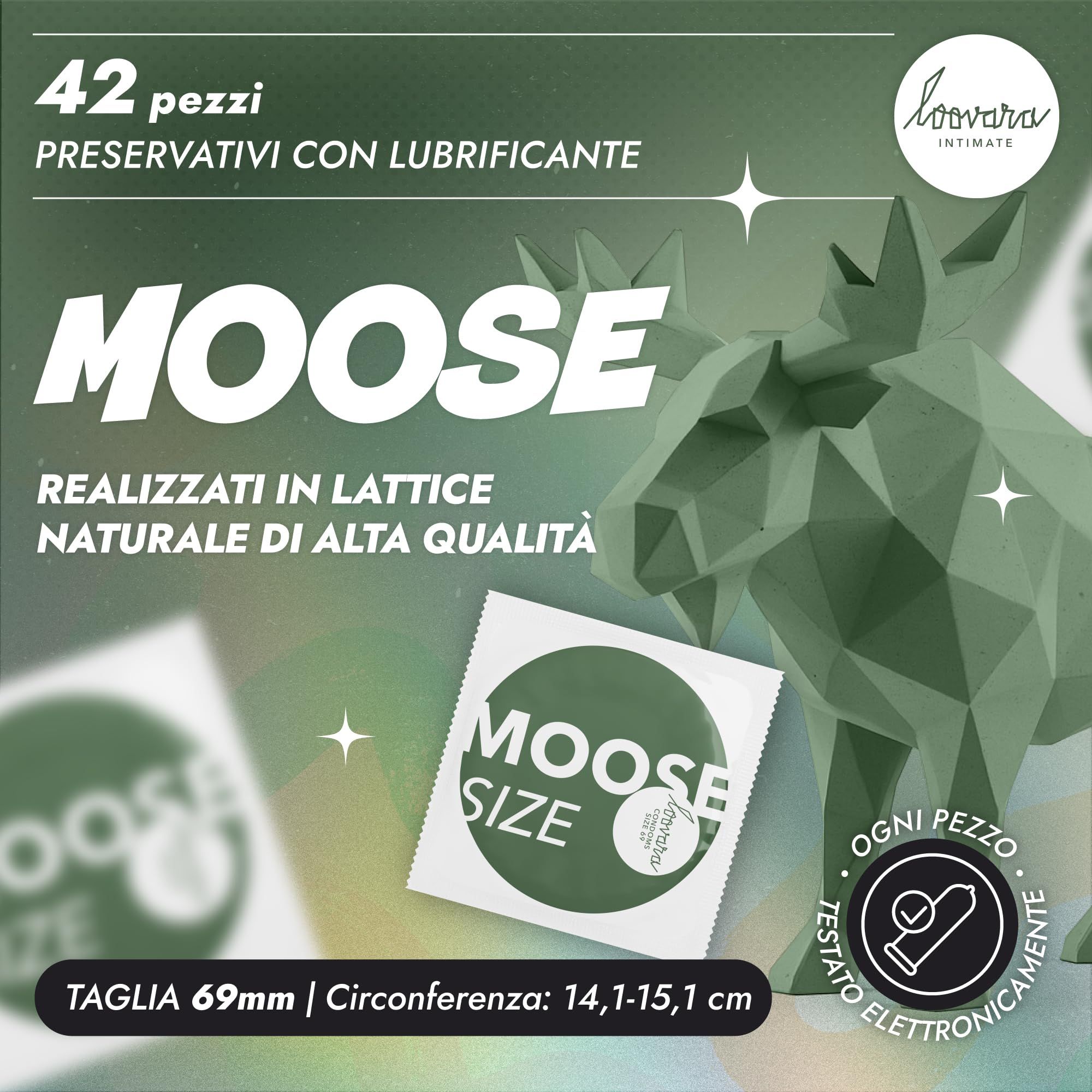 42 preservativi Loovara Moose, taglia 69, lubrificati, in lattice naturale.