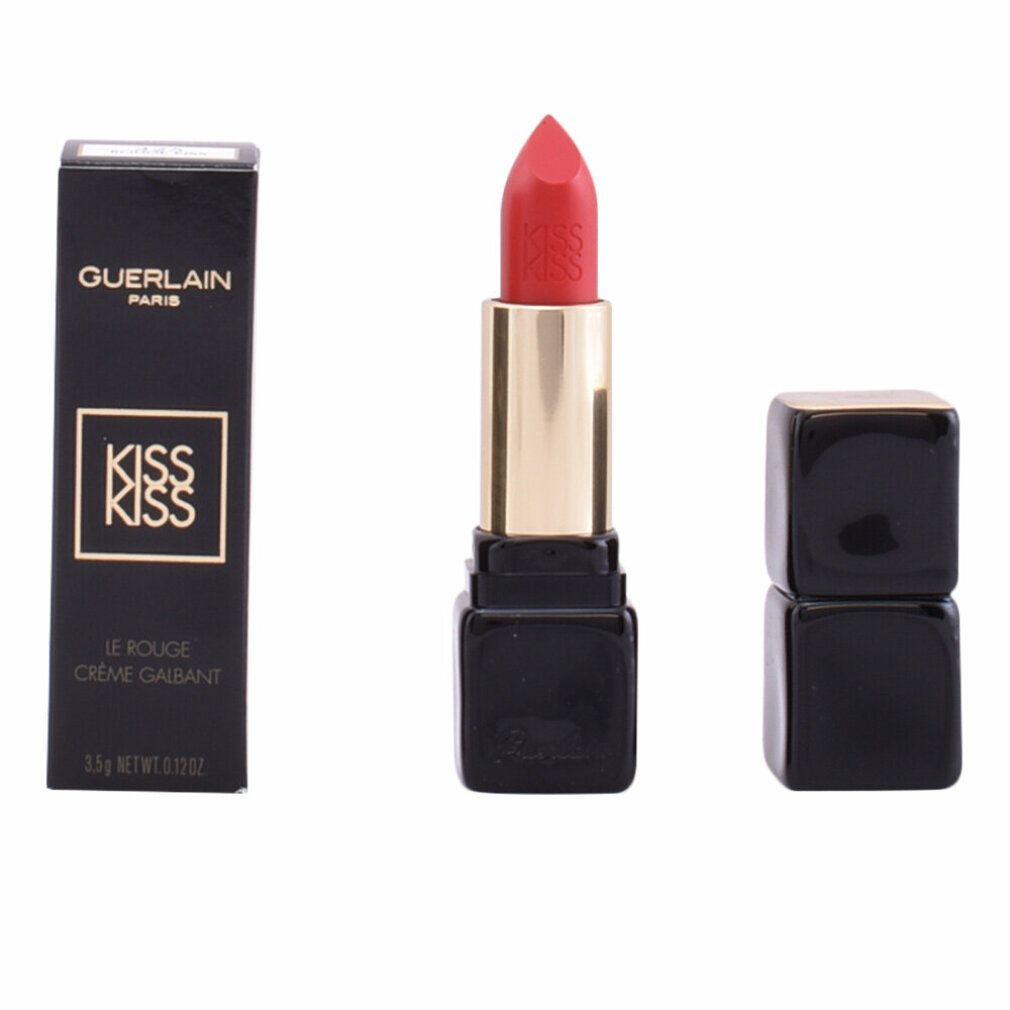 Rossetto rosso, astuccio dorato, custodia nera e confezione. Marchio Guerlain, scritta KissKiss.