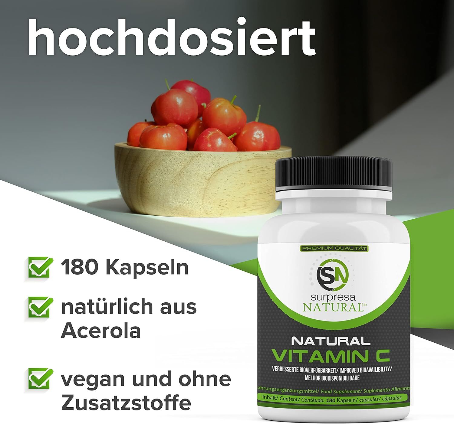 Flacone bianco con Acerola Vitamina C. Accanto, una ciotola di ciliegie acerola. Testo: hochdosiert.