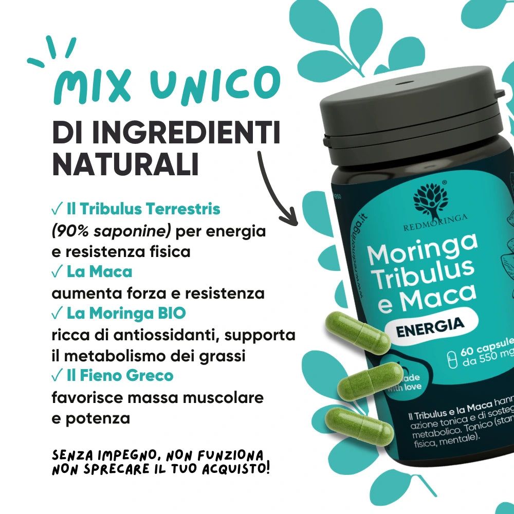 Flacone di capsule. Testo: Il Tribulus Terrestris, La Maca, La Moringa BIO, Il Fieno Greco.