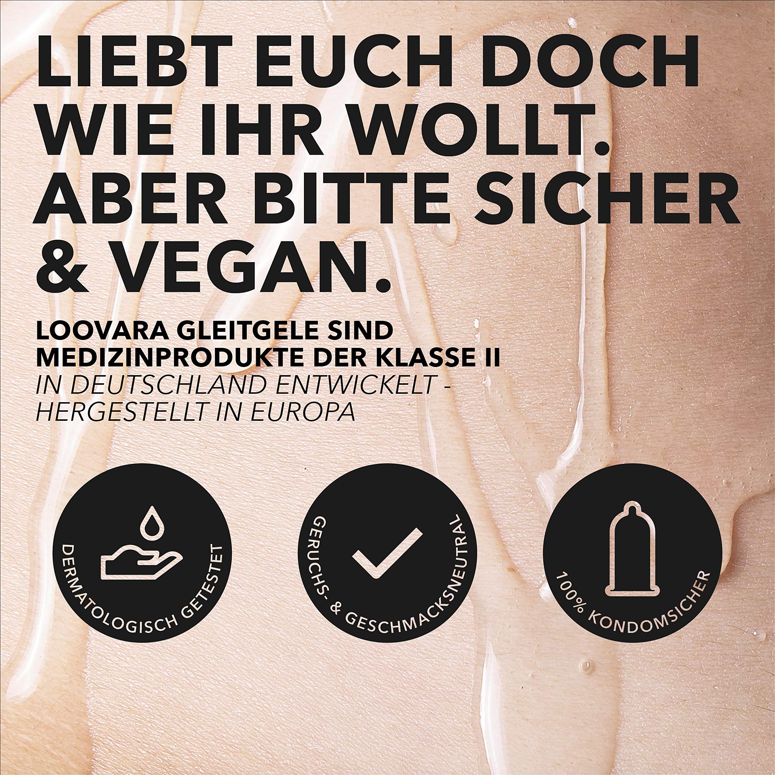 Tre cerchi con icone: testato dermatologicamente, inodore e insapore, 100% compatibile con i preservativi.