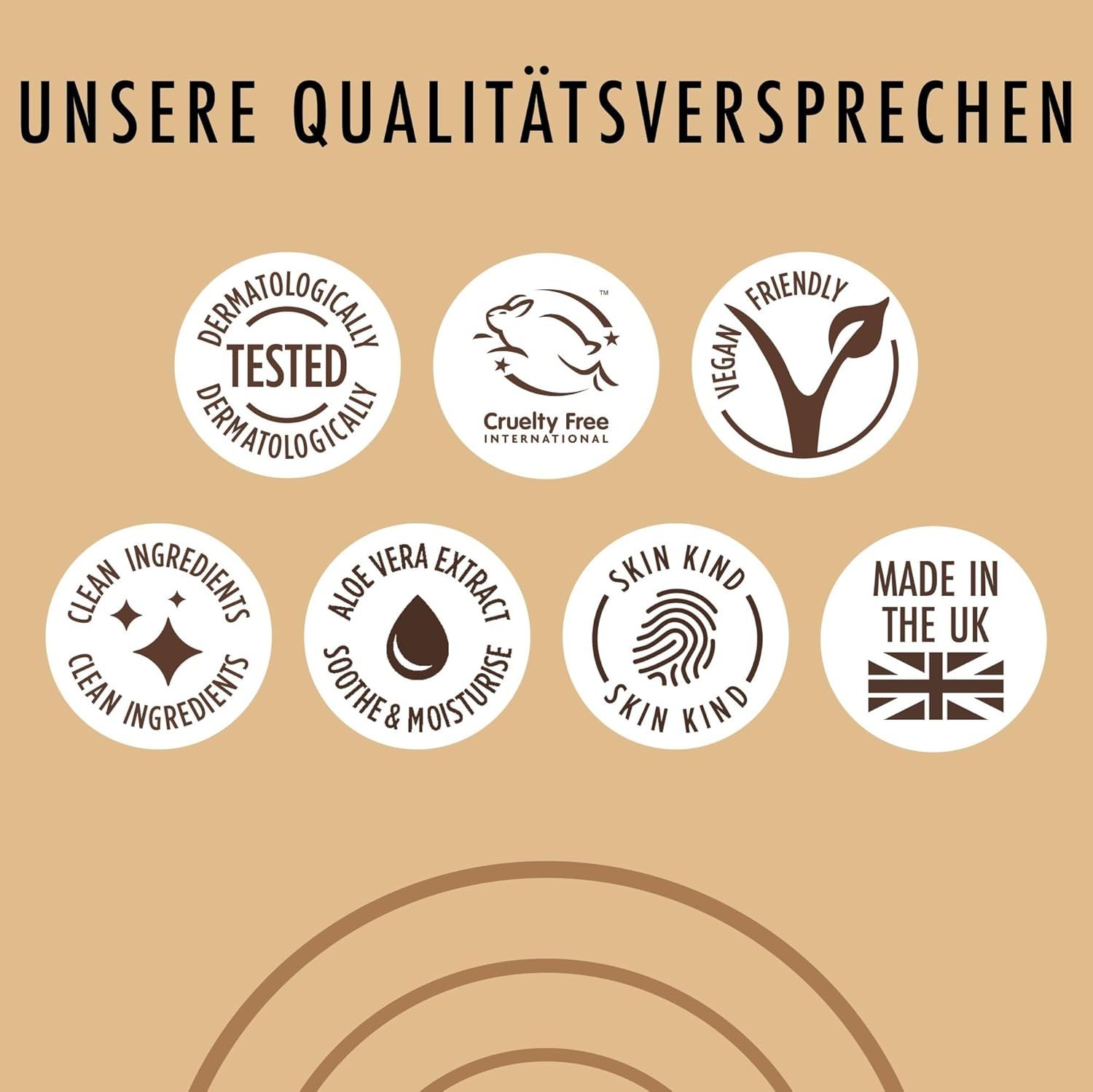 Sigilli: Dermatologicamente testato, Cruelty Free, Vegano, Ingredienti puliti, Aloe Vera, Skin Kind, Made in the UK.