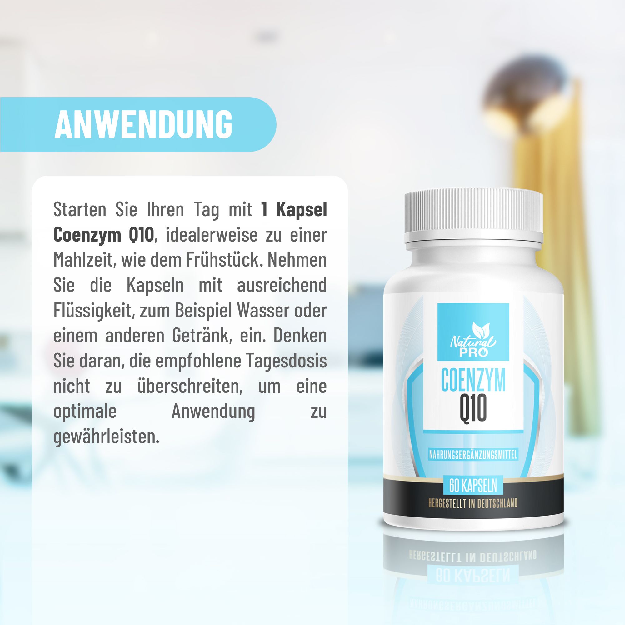 Flacone con etichetta blu. Testo: Uso. Descrizione testuale dell'assunzione di 1 capsula.