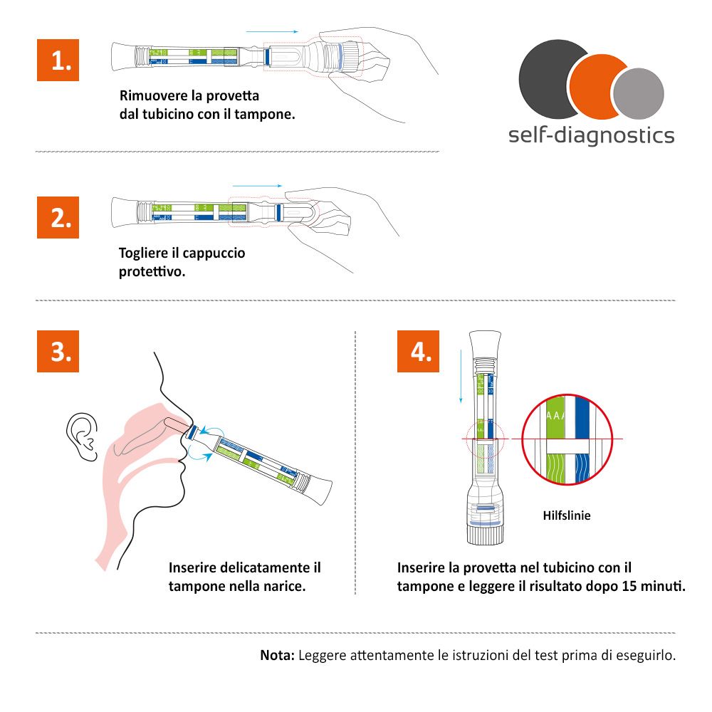 Istruzioni: prelievo, rimozione cappuccio, campionamento, lettura risultato. Marchio: self-diagnostics.