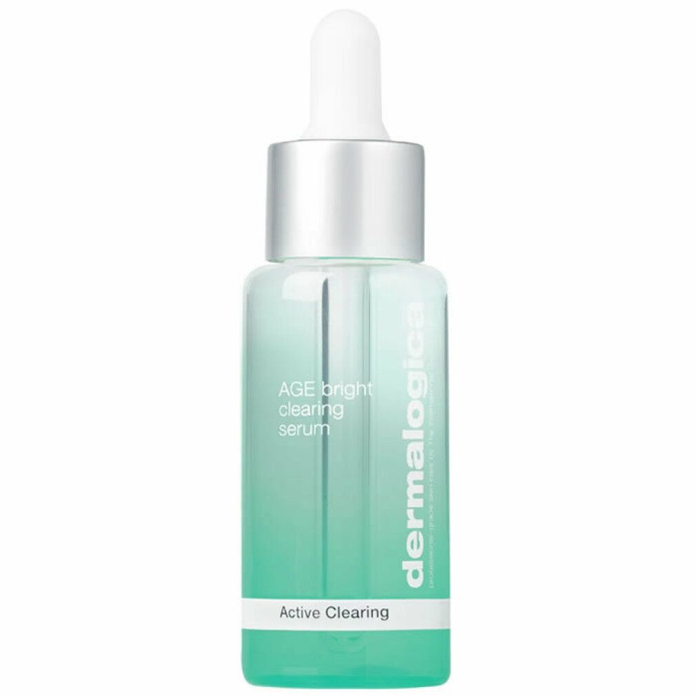 Siero trasparente in flacone di vetro con pipetta. Scritta: AGE bright clearing serum, Active Clearing, dermalogica.