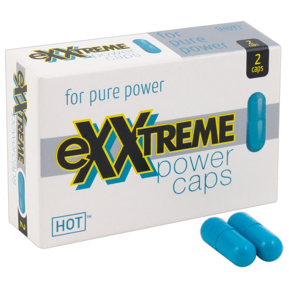 Scatola bianca con capsule blu. Scritta: eXXtreme power caps, HOT. Per pure power. 2 capsule. Due capsule blu accanto.