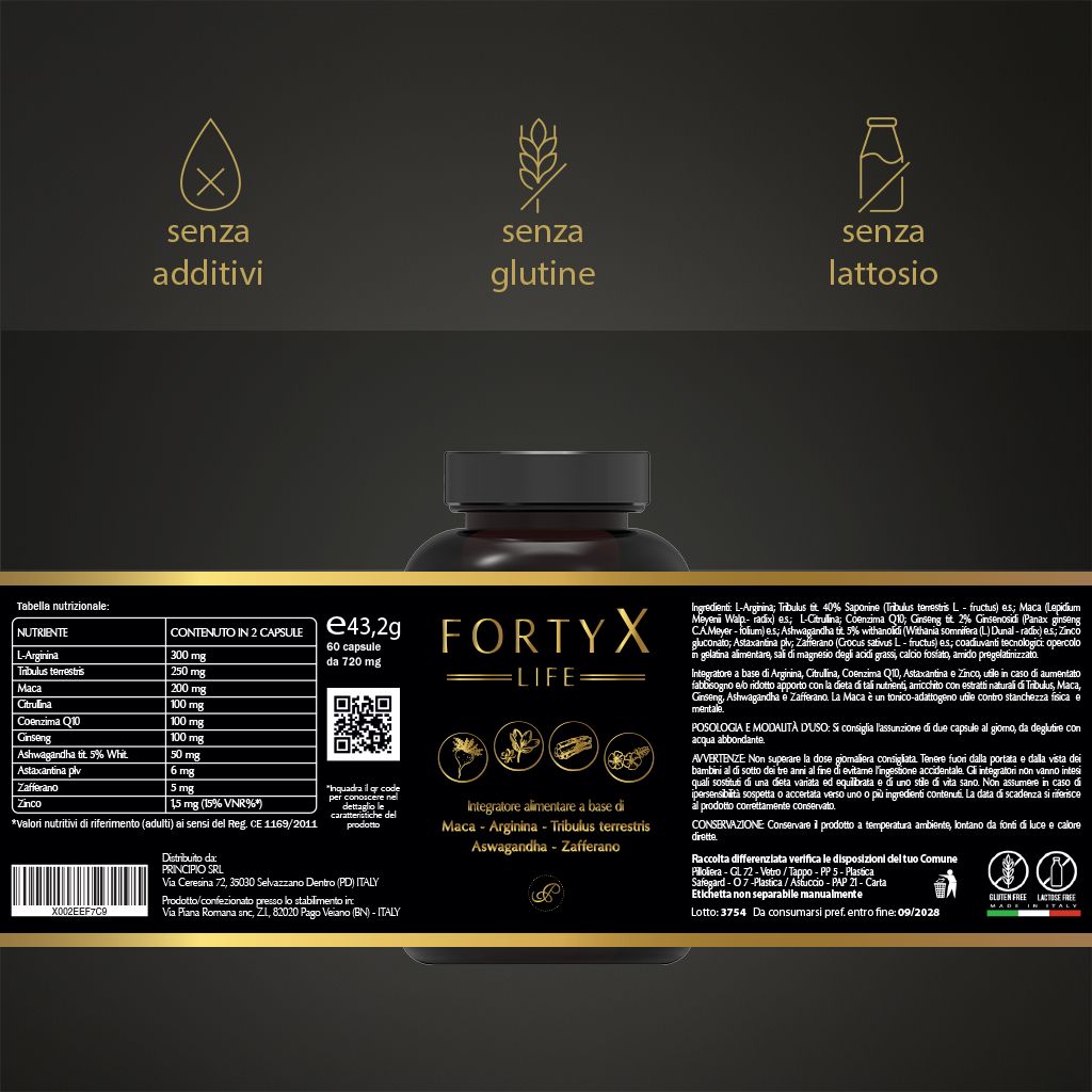 Retro del flacone con informazioni. Contiene: ingredienti, tabella nutrizionale, avvertenze.