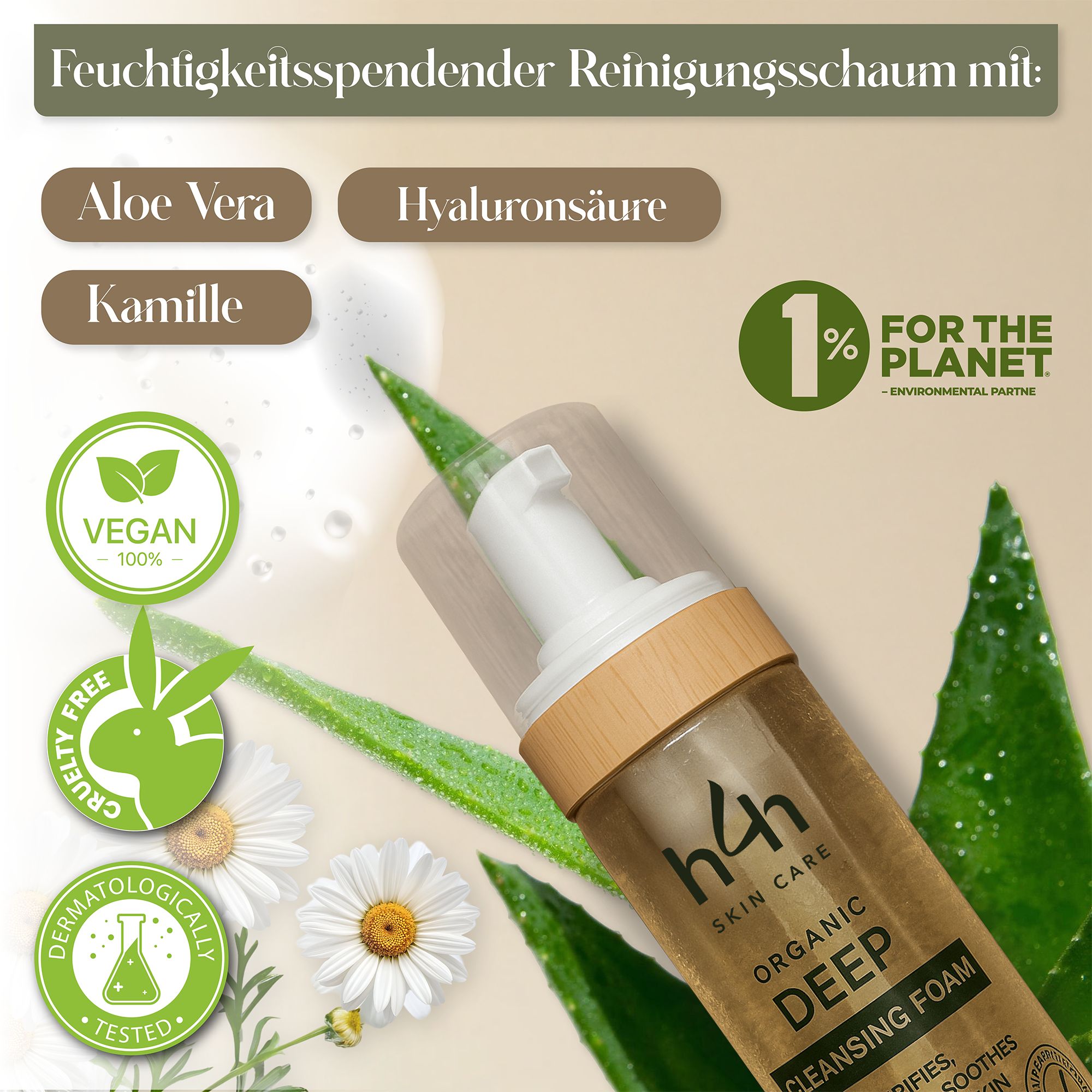 Mousse detergente H4H Naturals®. Testo: Aloe Vera, Acido Ialuronico, Camomilla. Vegan, Cruelty Free, dermatologicamente testato. 1% per il pianeta.