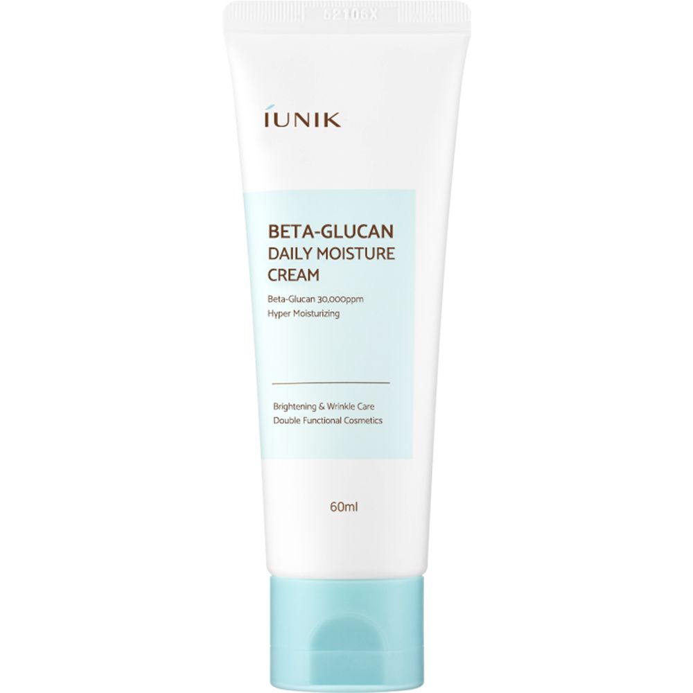 Tubo bianco con tappo blu. Scritta: iUNIK, Beta-Glucan Daily Moisture Cream, 60ml.