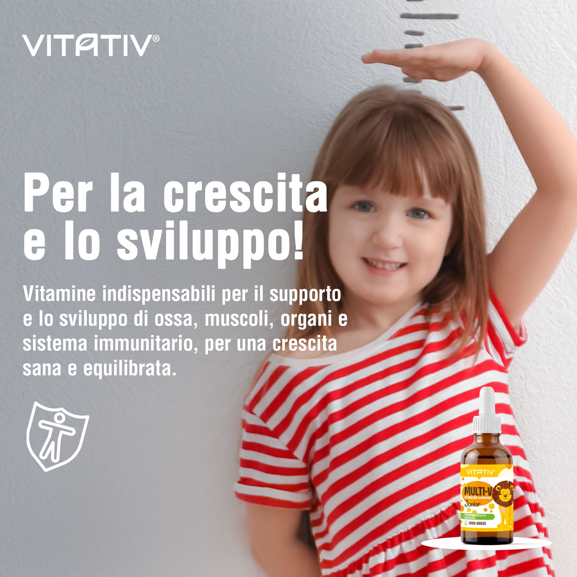 Bambina con VITATIV® MULTI-V Junior. Prodotto per la crescita e lo sviluppo. Contiene vitamine.