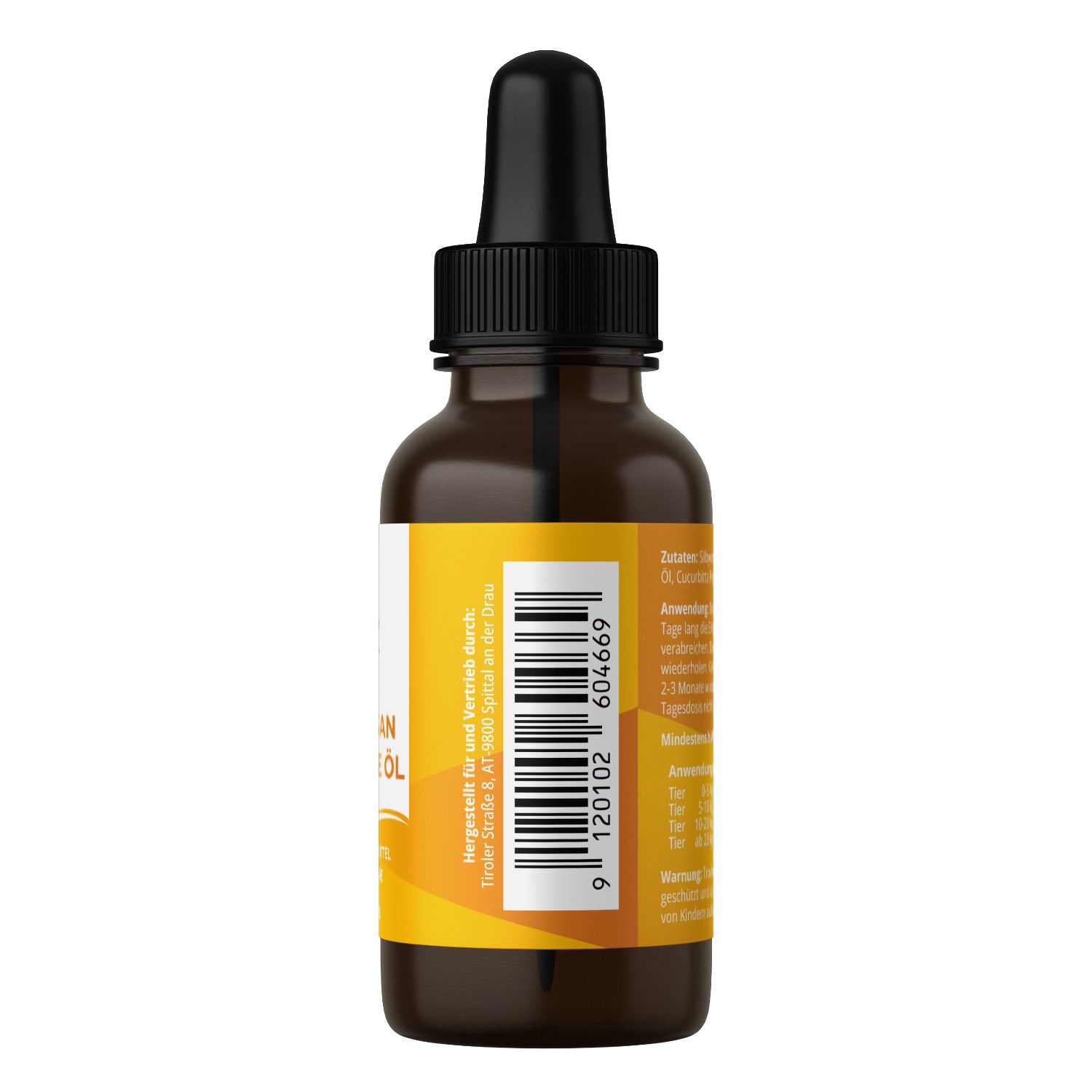 Retro di un flacone marrone con contagocce. Etichetta gialla con testo e codice a barre. Nome prodotto: Wurmsan Balance Öl. Informazioni del produttore.