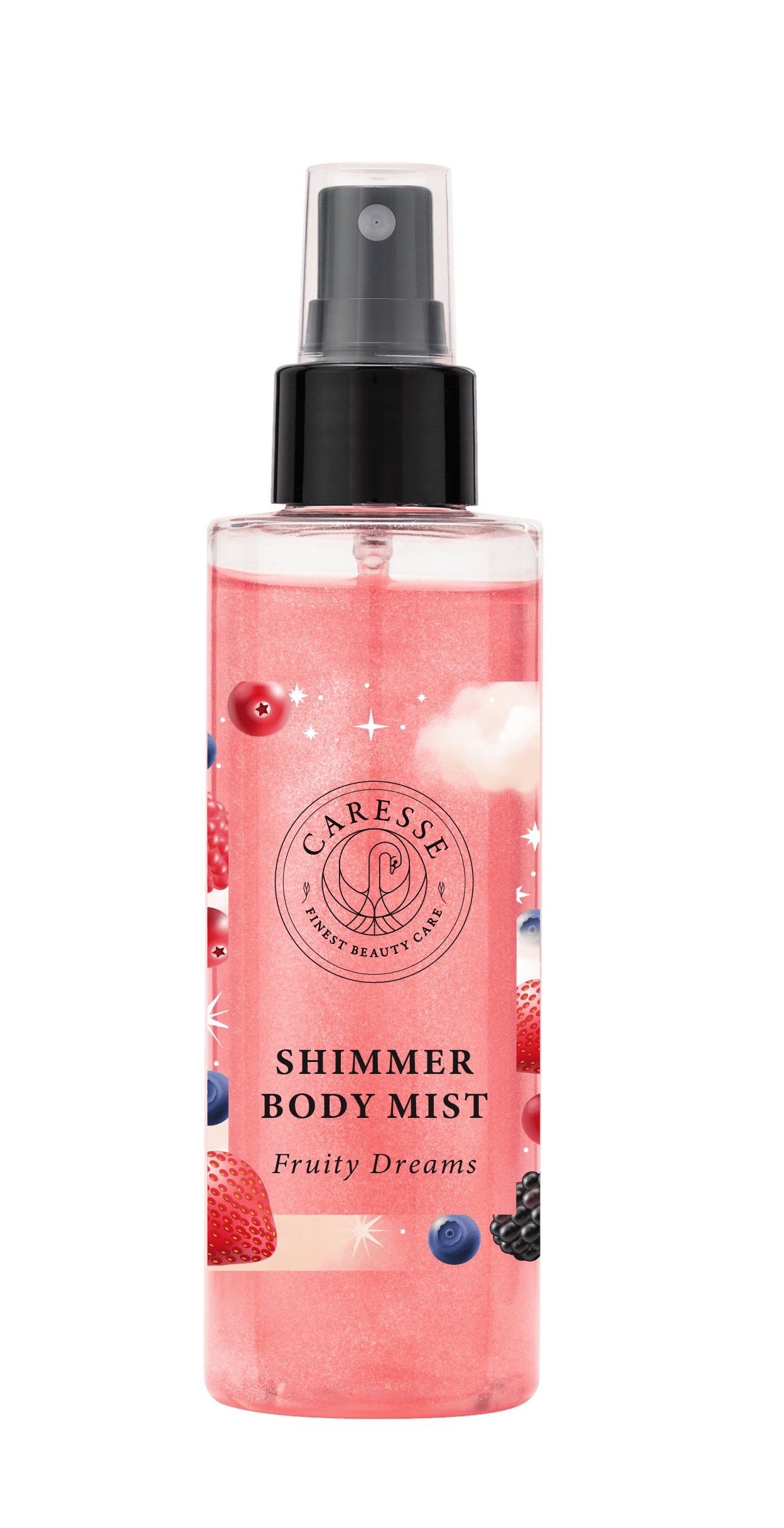 Flacone trasparente con liquido rosa e vaporizzatore. Etichetta con nome del prodotto e logo. Decorazione fruttata.