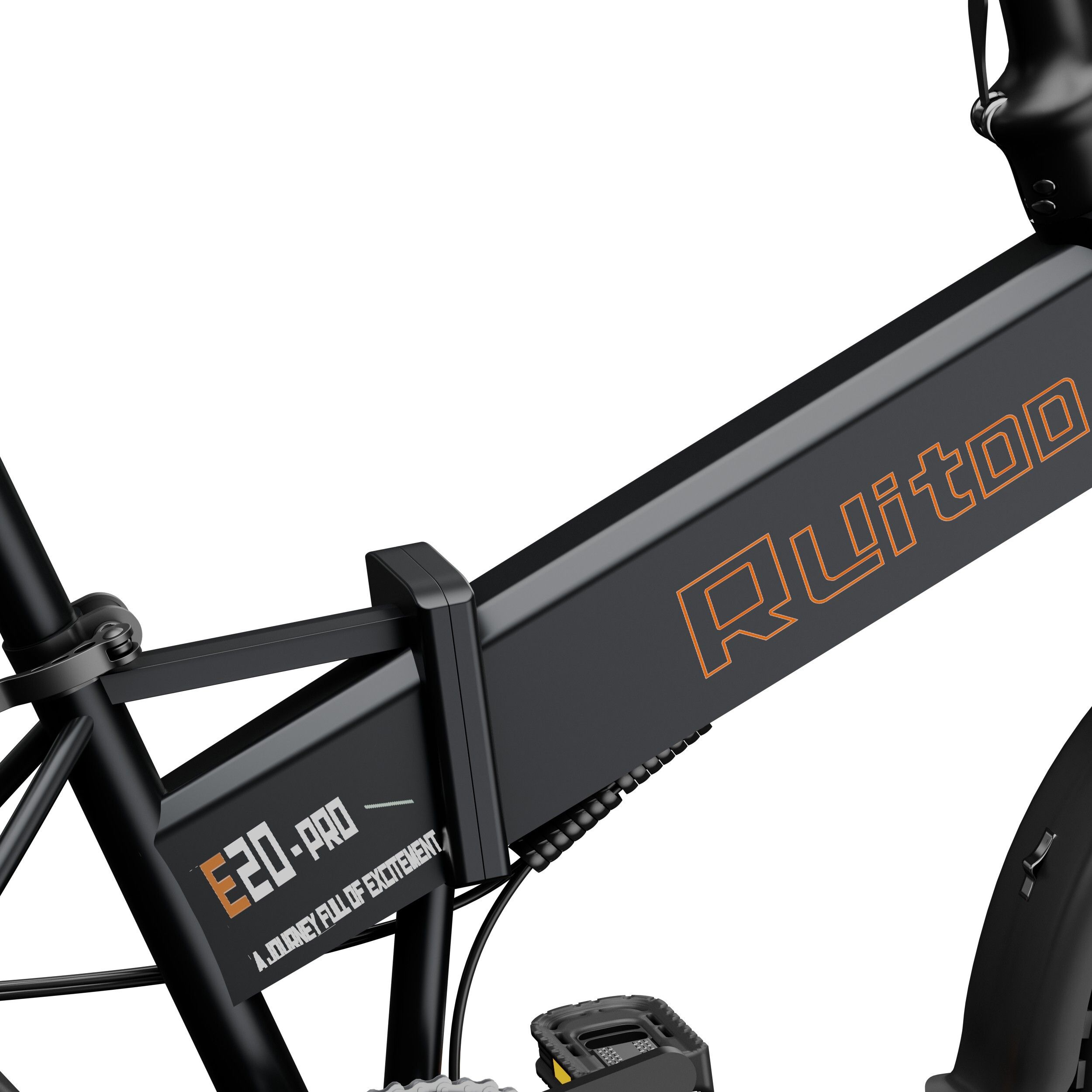 E-bike pieghevole nera. Scritta arancione: Ruitoo, E20-PRO. Testo: Un viaggio pieno di eccitazione.