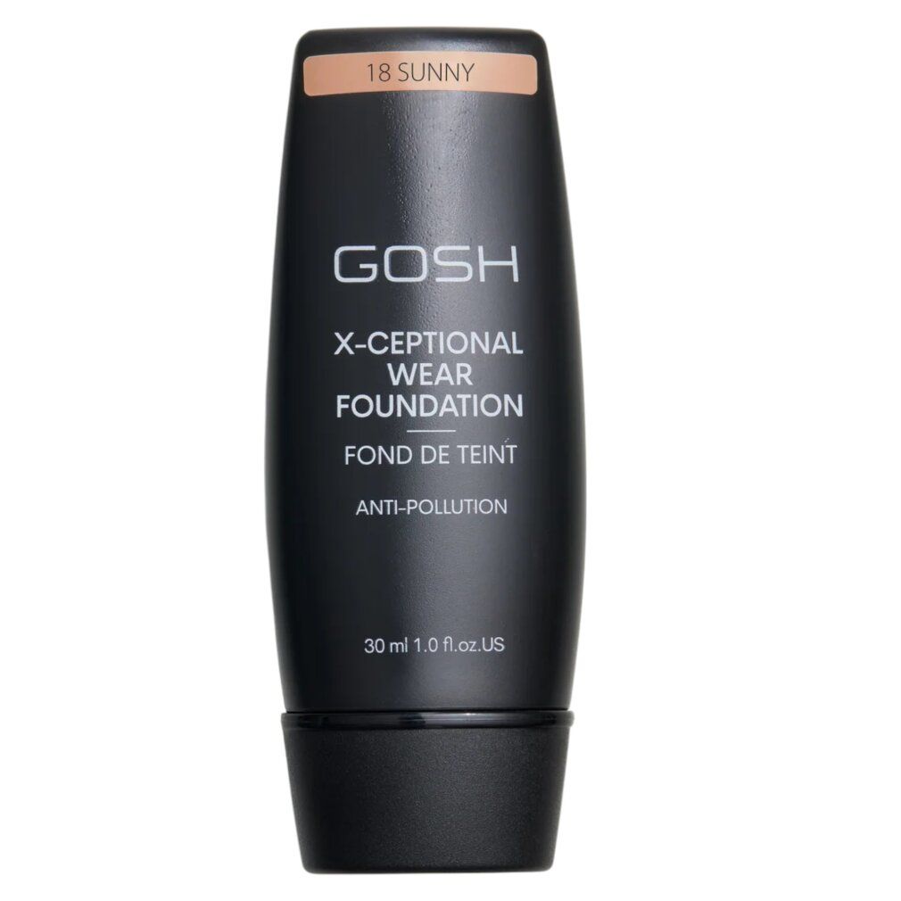 Tubo nero GOSH X-Ceptional Wear Foundation, tonalità 18 Sunny. Testo in inglese. 30 ml.