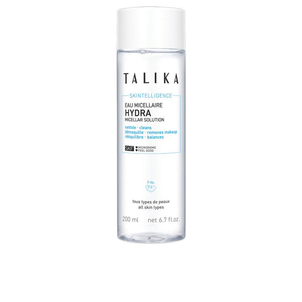 Flacone trasparente con tappo bianco. Scritta: Talika, Skintelligence Hydra, Micellar Solution, 200ml.