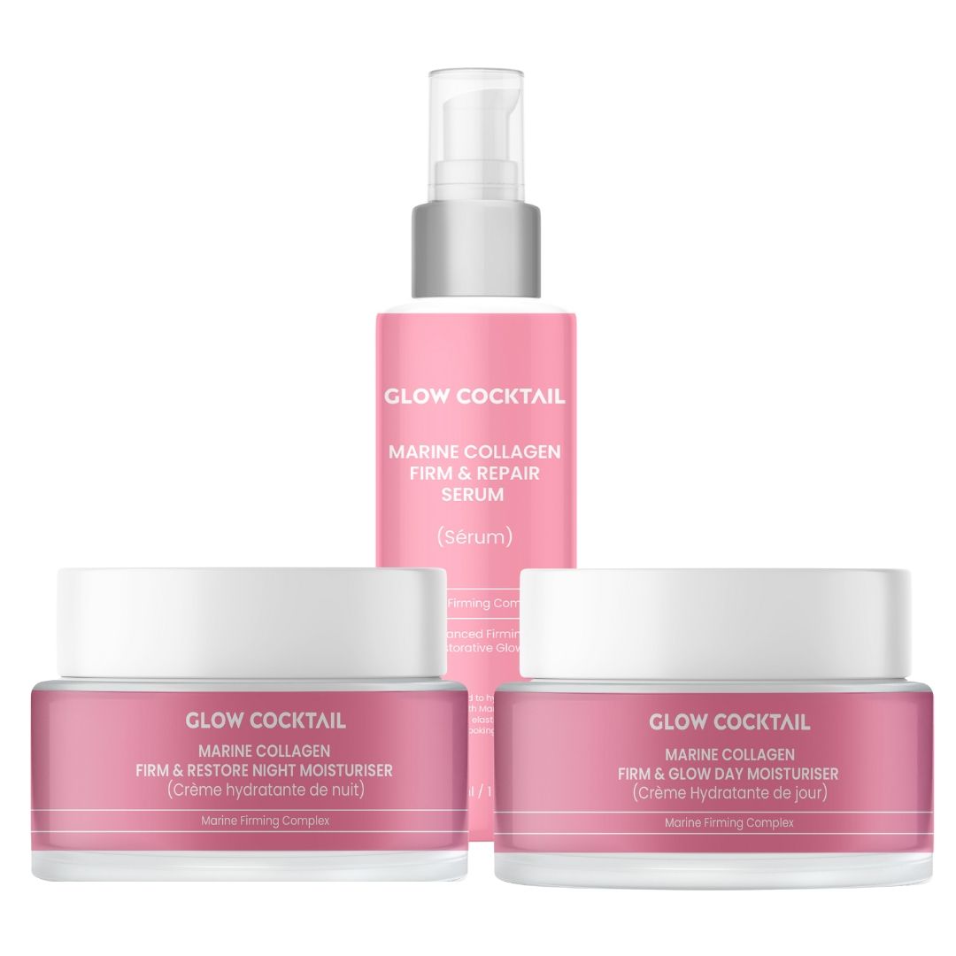 Flacone e vasetti rosa. Scritta: Glow Cocktail, Marine Collagen. Prodotti: siero, crema giorno e notte.
