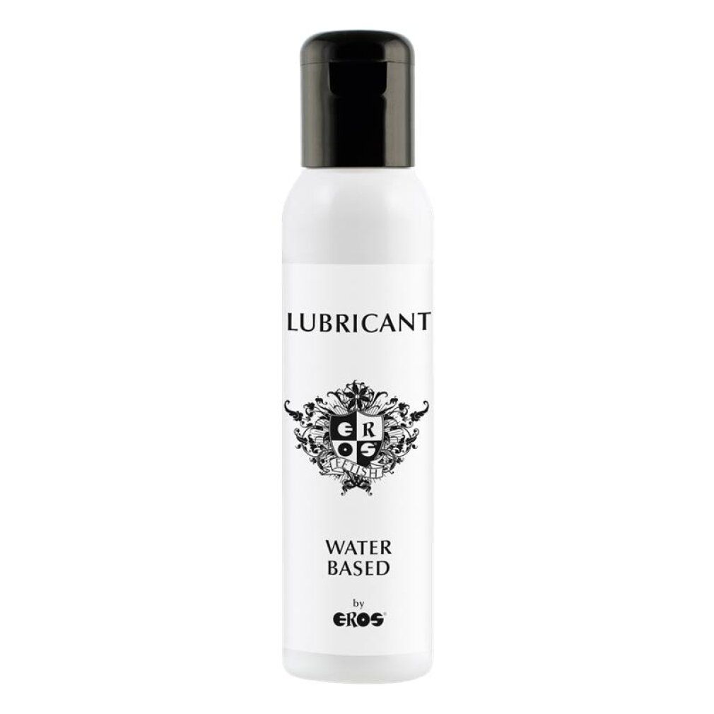 Flacone bianco con tappo nero, etichettato LUBRICANT, WATER BASED, by EROS.