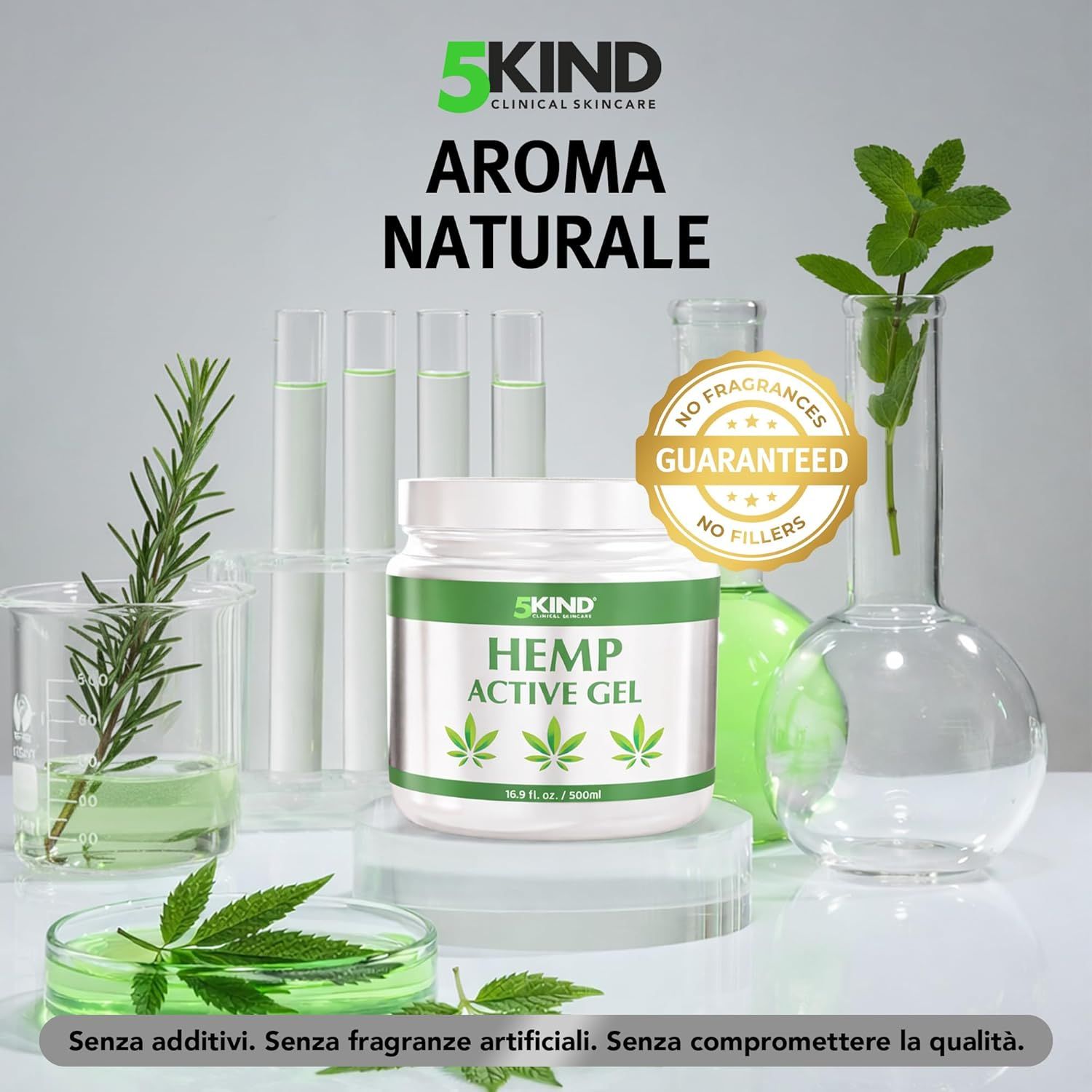 Vasetto con GEL ACTIVO. Simbolo foglie di canapa. 16.9 fl. oz. / 500ml. Icone: Senza profumi, senza riempitivi. Testo: AROMA NATURALE.