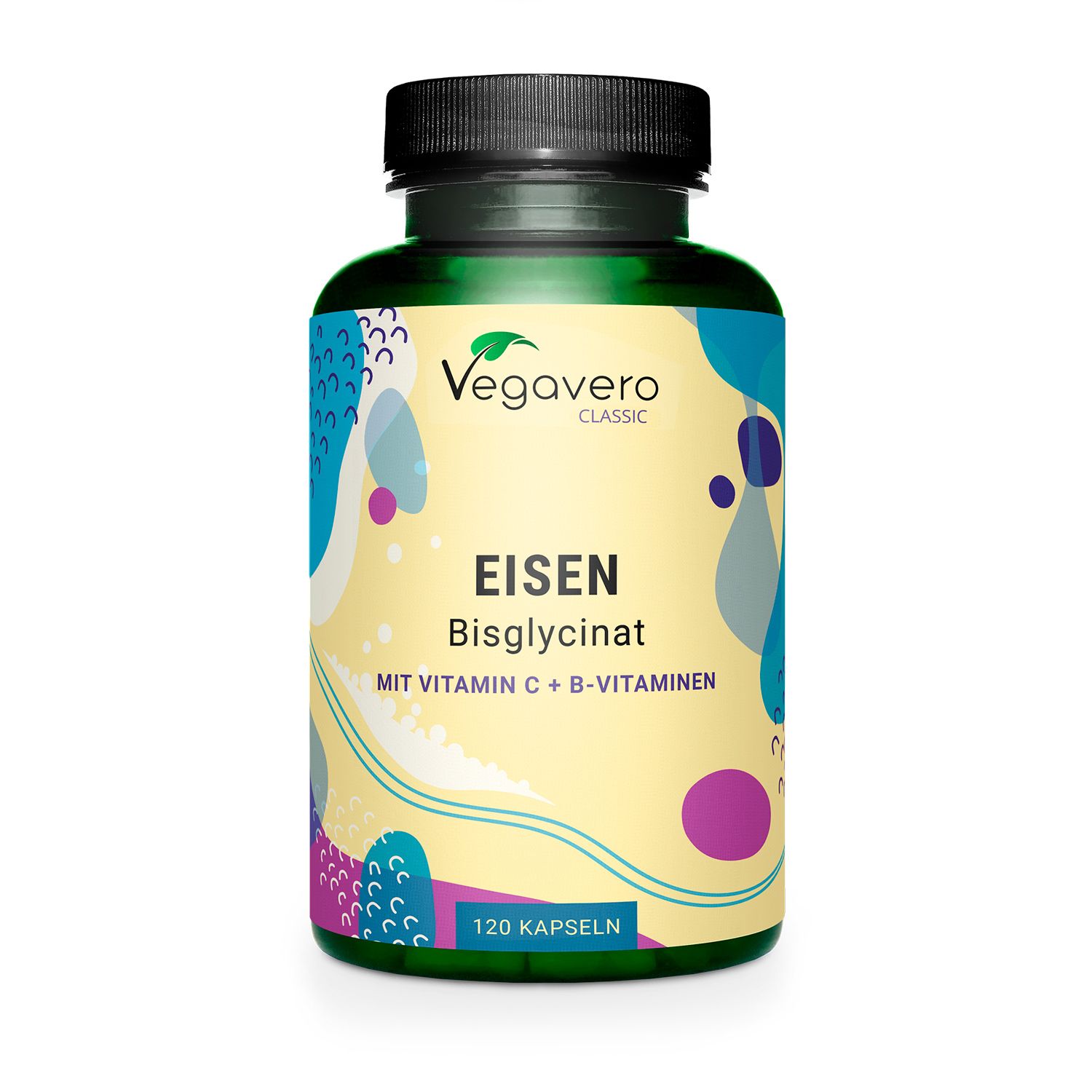 Flacone verde con tappo nero. Etichetta con nome prodotto, marchio Vegavaro e 120 capsule.