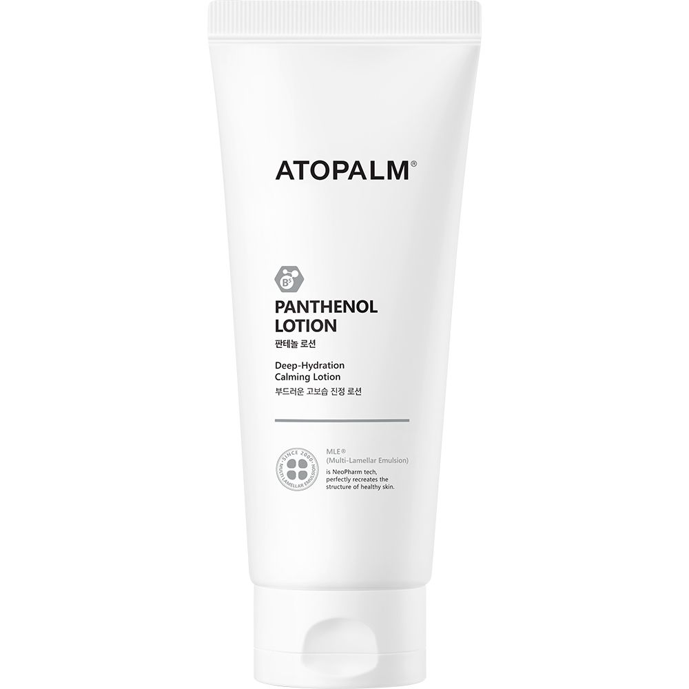 Tubo bianco ATOPALM Panthenol Lotion. Testo inglese e coreano. Logo e testo. Tappo bianco.