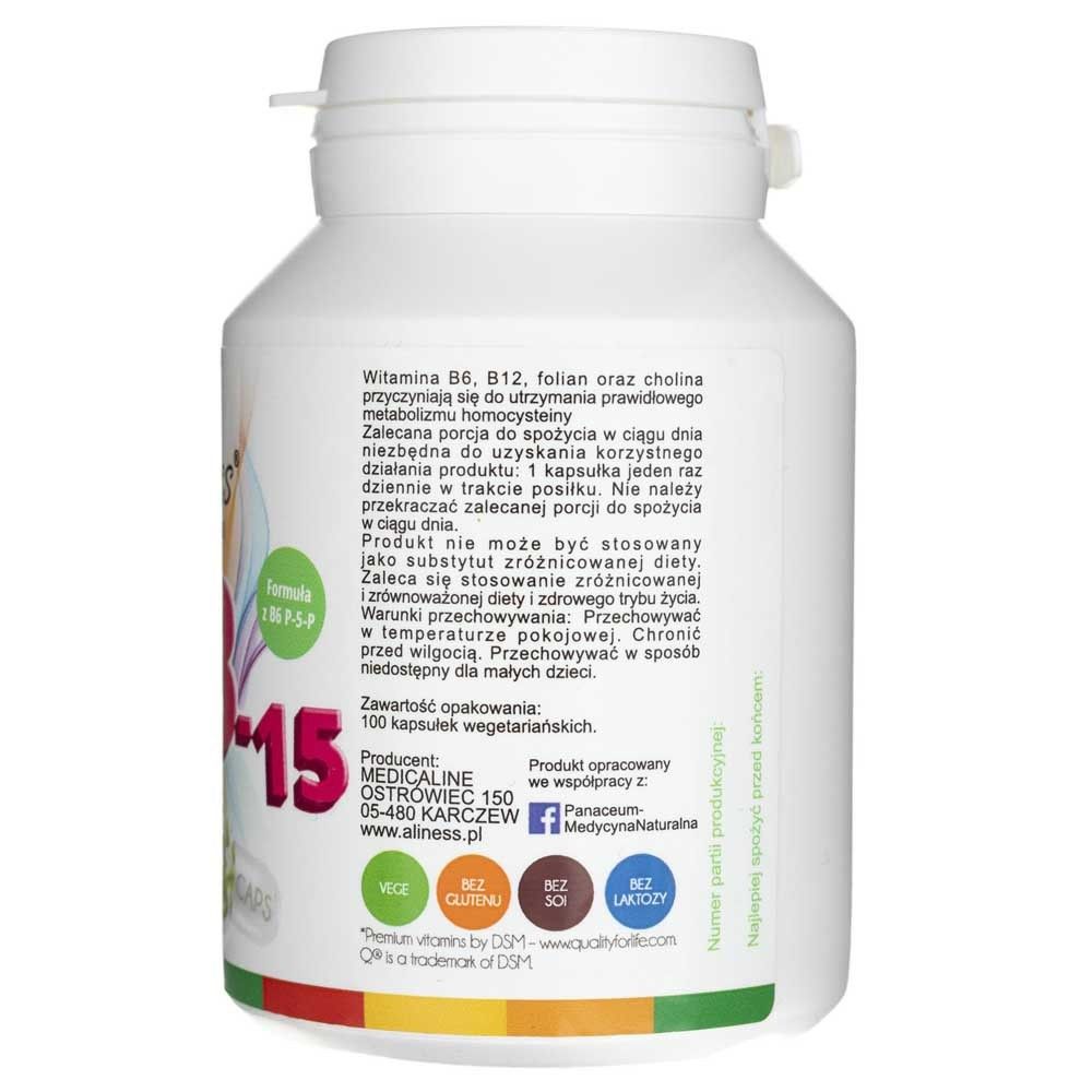 Retro di un barattolo Aliness Vitamina B Komplex B-15 Methyl con informazioni sul prodotto.