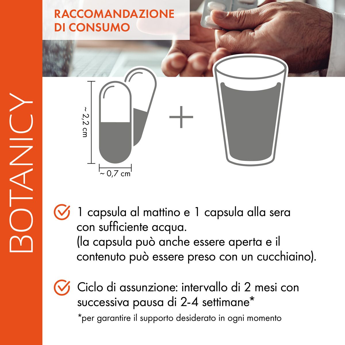 Grafico: capsule e bicchiere d'acqua. Testo: 1 capsula mattina e sera con acqua. Ciclo: 2 mesi, pausa 2-4 settimane.
