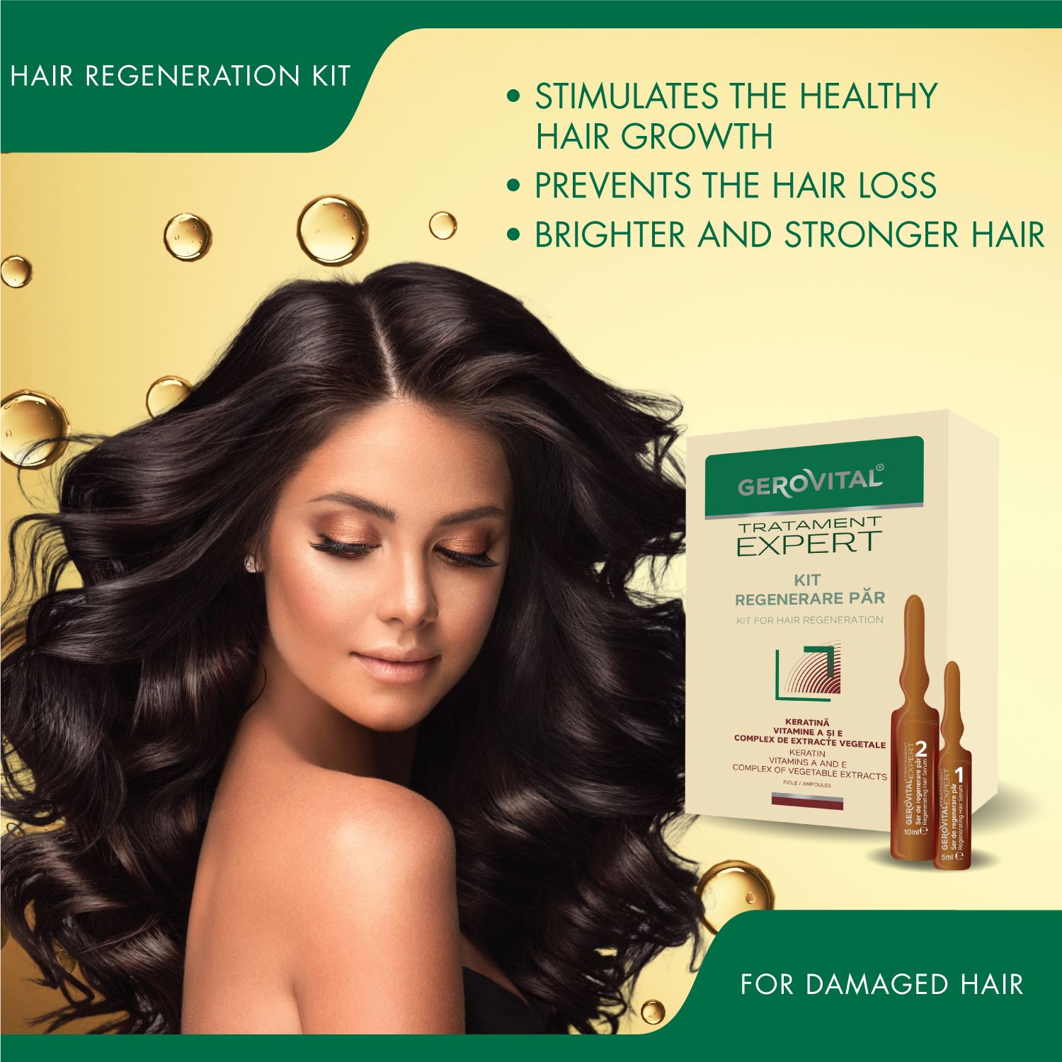 Donna con lunghi capelli scuri. Accanto a lei: Kit Gerovital Expert con due fiale. Testo: Per capelli danneggiati.