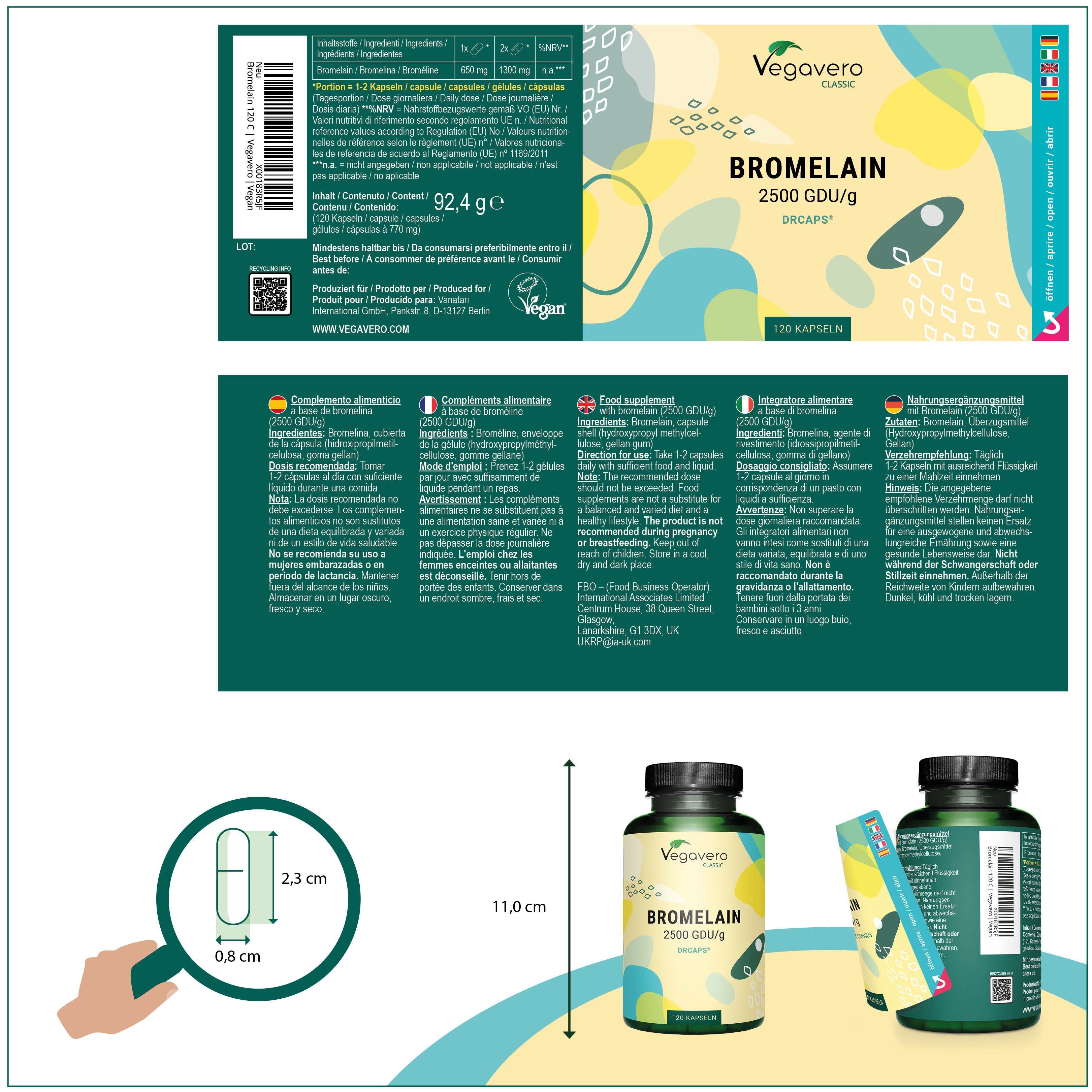 Confezione del prodotto con etichetta. Flacone di Bromelina 2500 GDU/g. Stampe multilingue. Dimensioni: 11,0 cm di altezza.