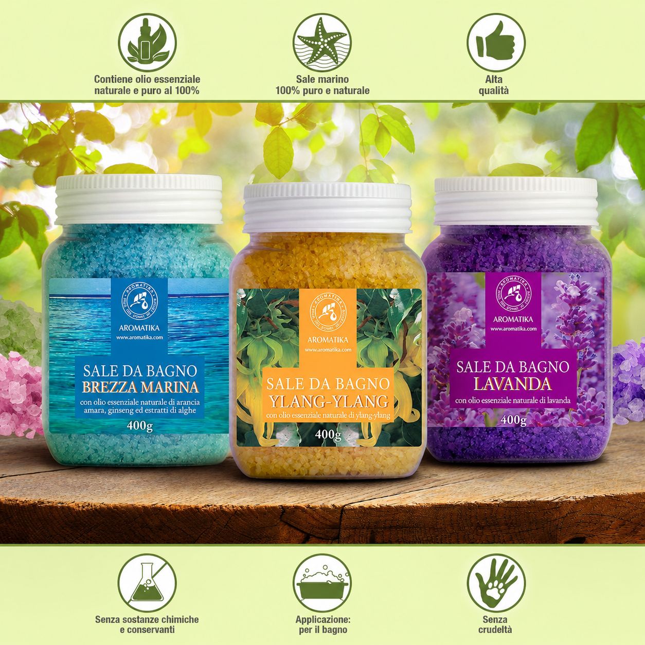 Tre barattoli di sali da bagno. Blu, giallo e viola. Scritte: Brezza Marina, Ylang-Ylang, Lavanda. Con certificazioni.