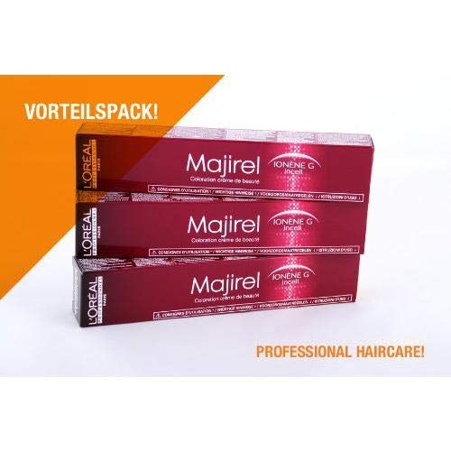 Tre scatole L'Oréal Majirel. Scritta: PROFESSIONAL HAIRCARE! e VORTEILSPACK!
