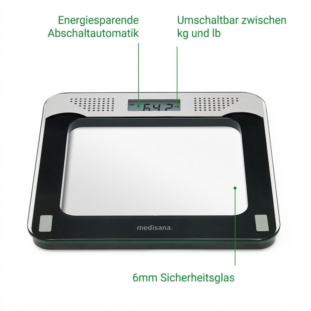 Bilancia pesapersone parlante: spegnimento automatico a risparmio energetico, commutabile kg/lb, vetro di sicurezza 6 mm.
