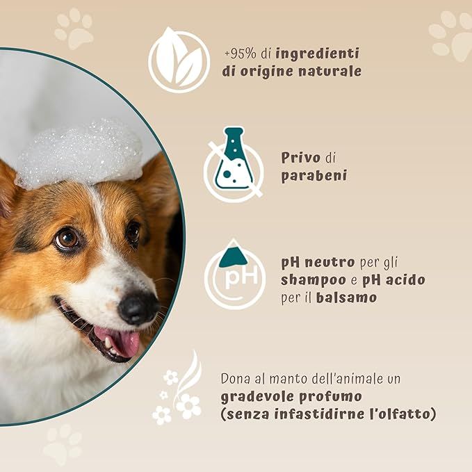 Immagine pubblicitaria con cane. Testo: +95% ingredienti di origine naturale, senza parabeni, pH neutro per shampoo. Dona un profumo gradevole al manto.