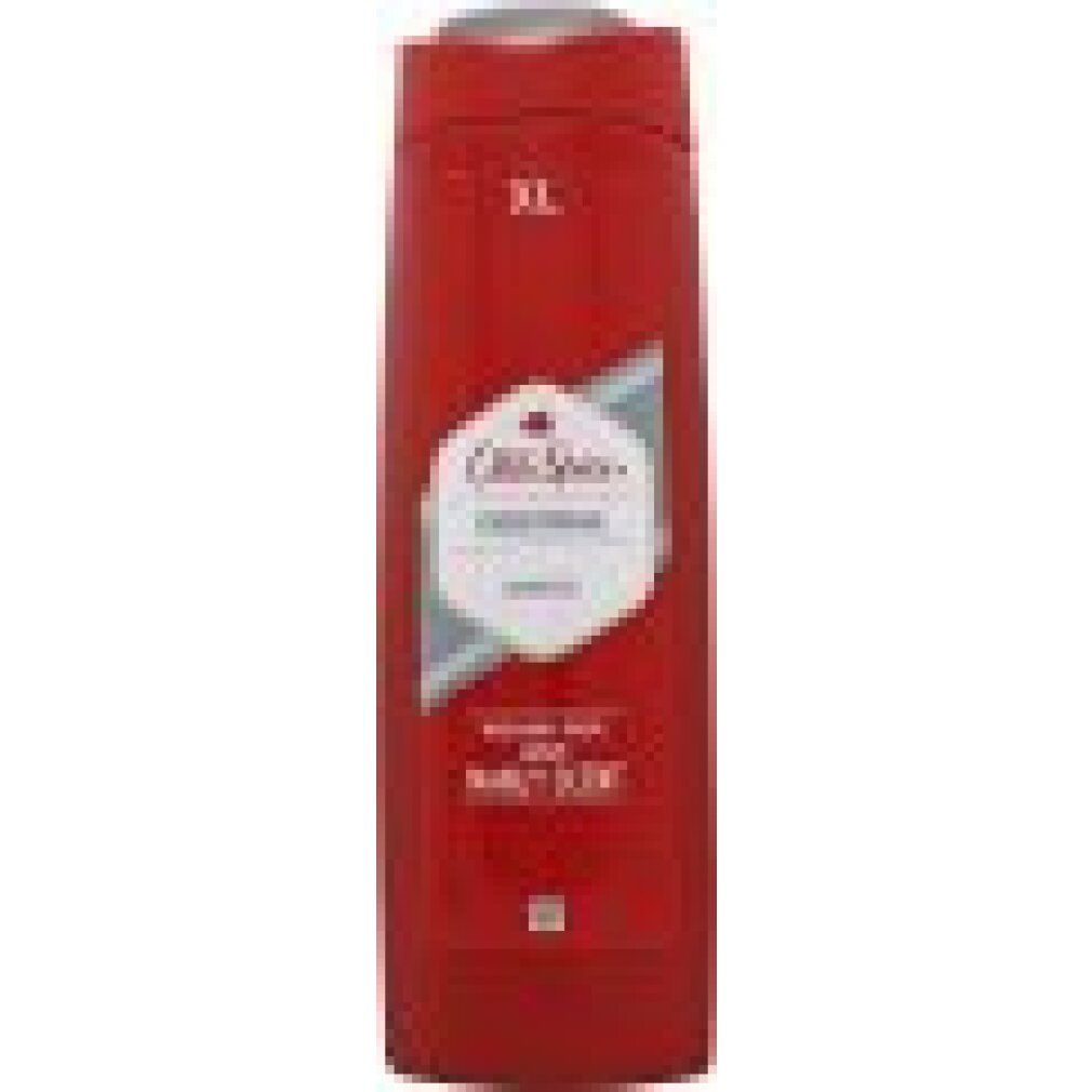 Flacone di gel doccia rosso con "XL" in alto. "Old Spice Original" e "Shower Gel" sull'etichetta. "Wash away sweat, leave manly scent".