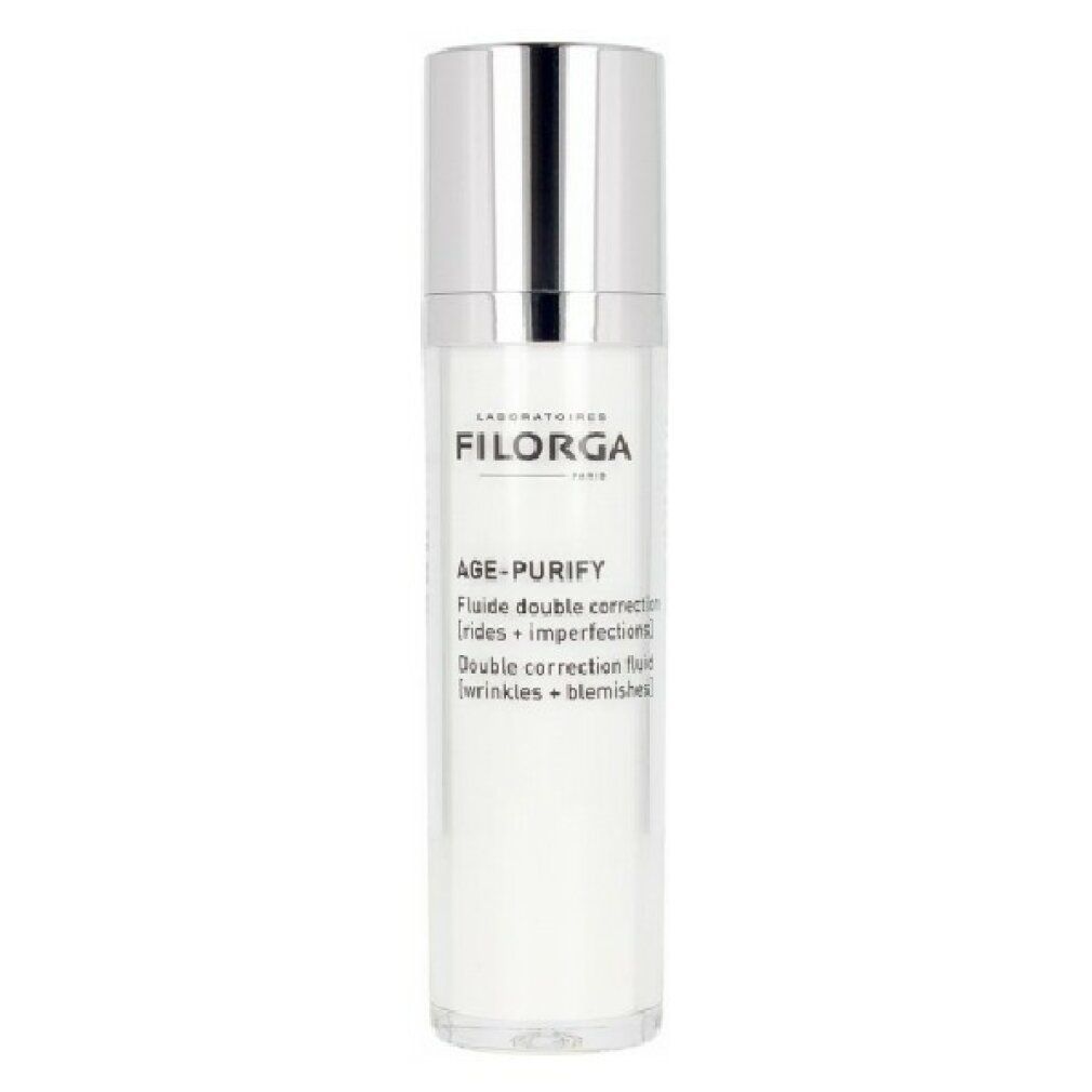 Filorga Age-Purify Fluid. Flacone bianco con tappo argentato. Testo: Age-Purify.