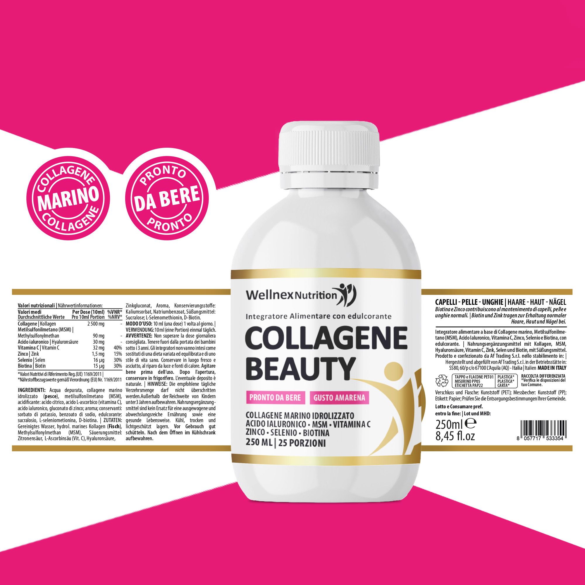 Wellnex Collagene da Bere Shot a Base Di Collagene Marino e Acido Ialuronico - Pelle Unghie Capelli