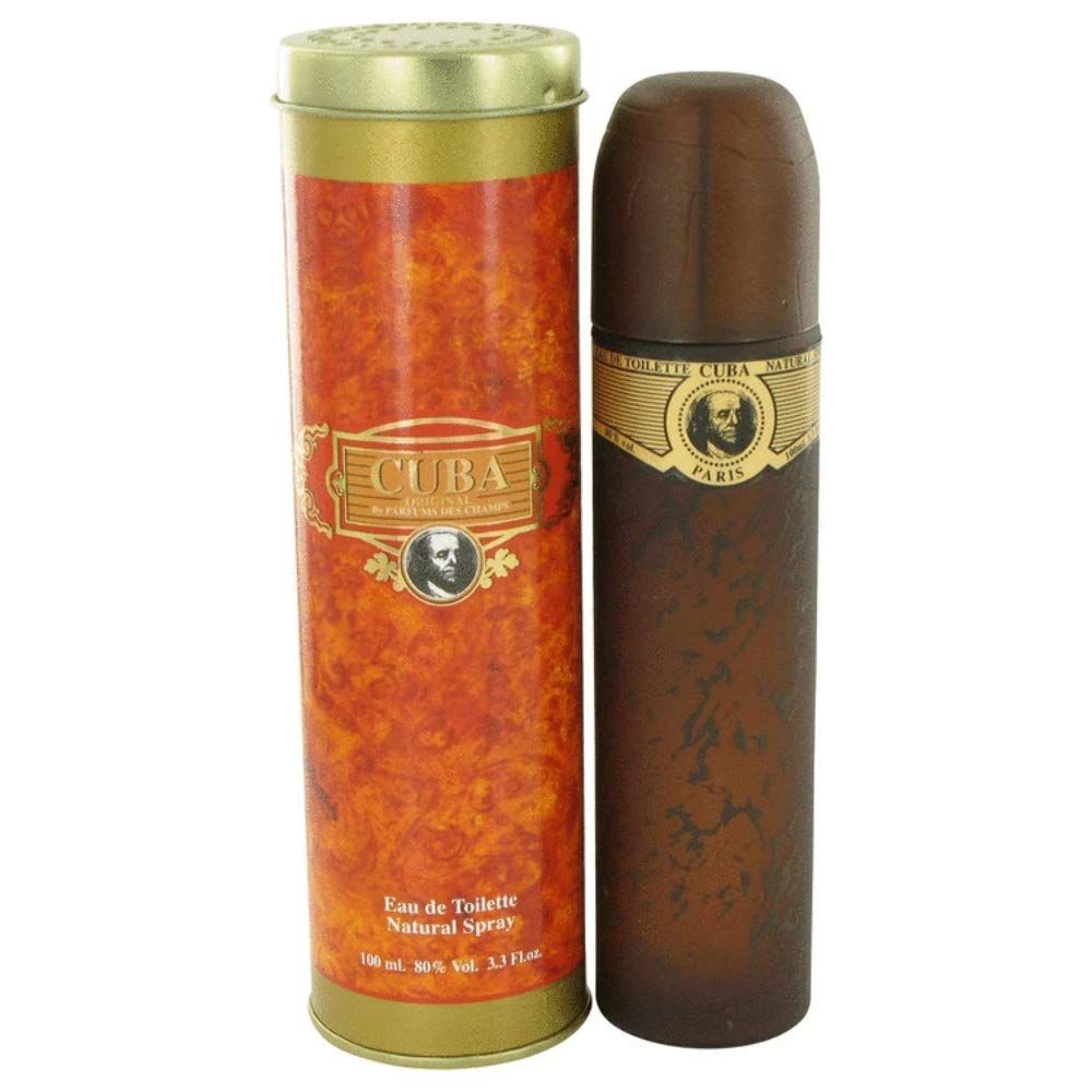 Flacone di profumo a forma di sigaro e scatola dorata. Scritta "CUBA" e "PARIS".