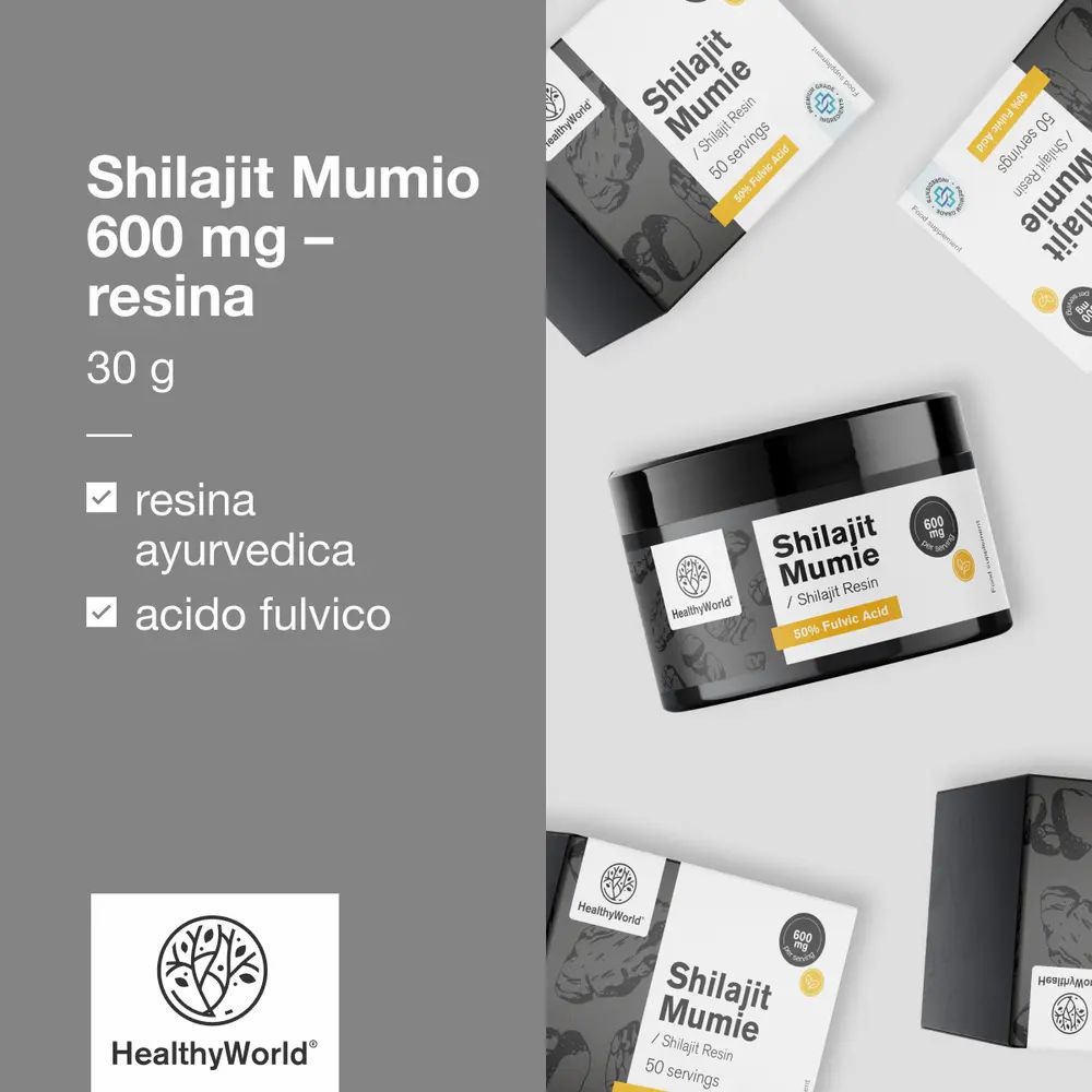 Confezione e barattolo del prodotto. Testo: Shilajit Mumio 600 mg - resina. Marchio: HealthyWorld. Testo: resina, ayurvedica, acido fulvico.