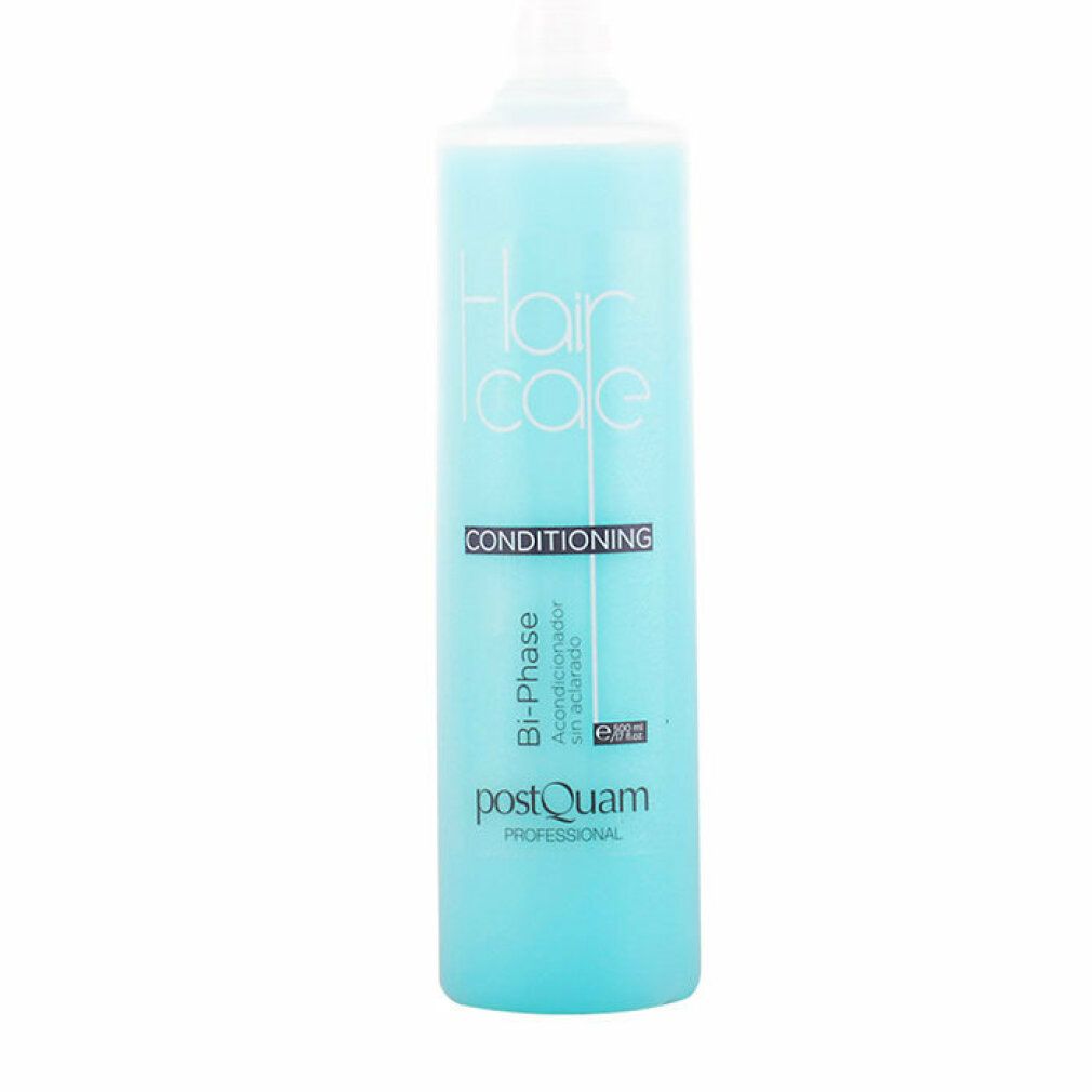 Flacone blu-turchese con tappo bianco. Scritte: Hair Care, Conditioning, Bi-Phase, Postquam Professional.
