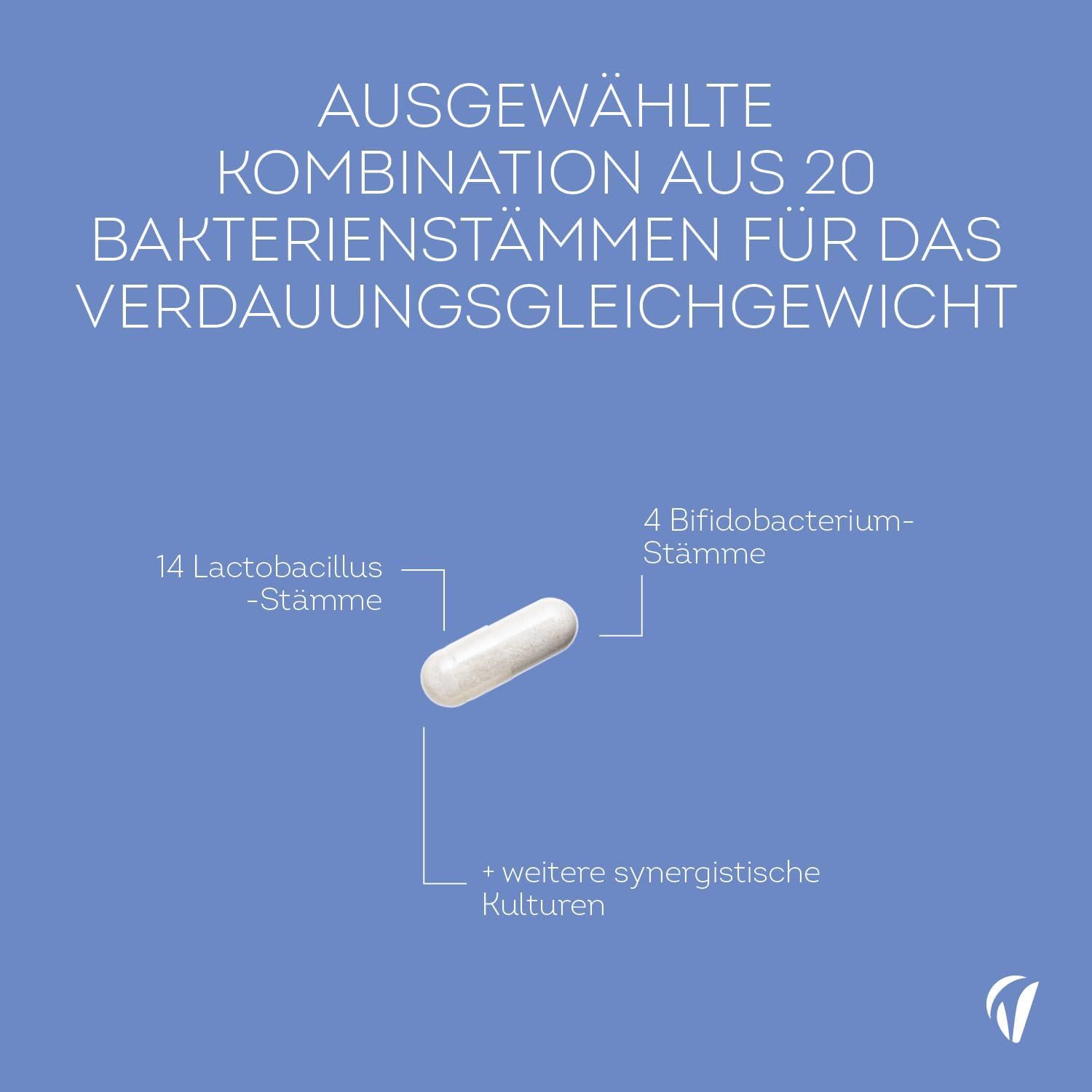 Capsula bianca su sfondo blu. Testo: 14 ceppi di Lactobacillus, 4 ceppi di Bifidobacterium. Altre colture sinergiche.