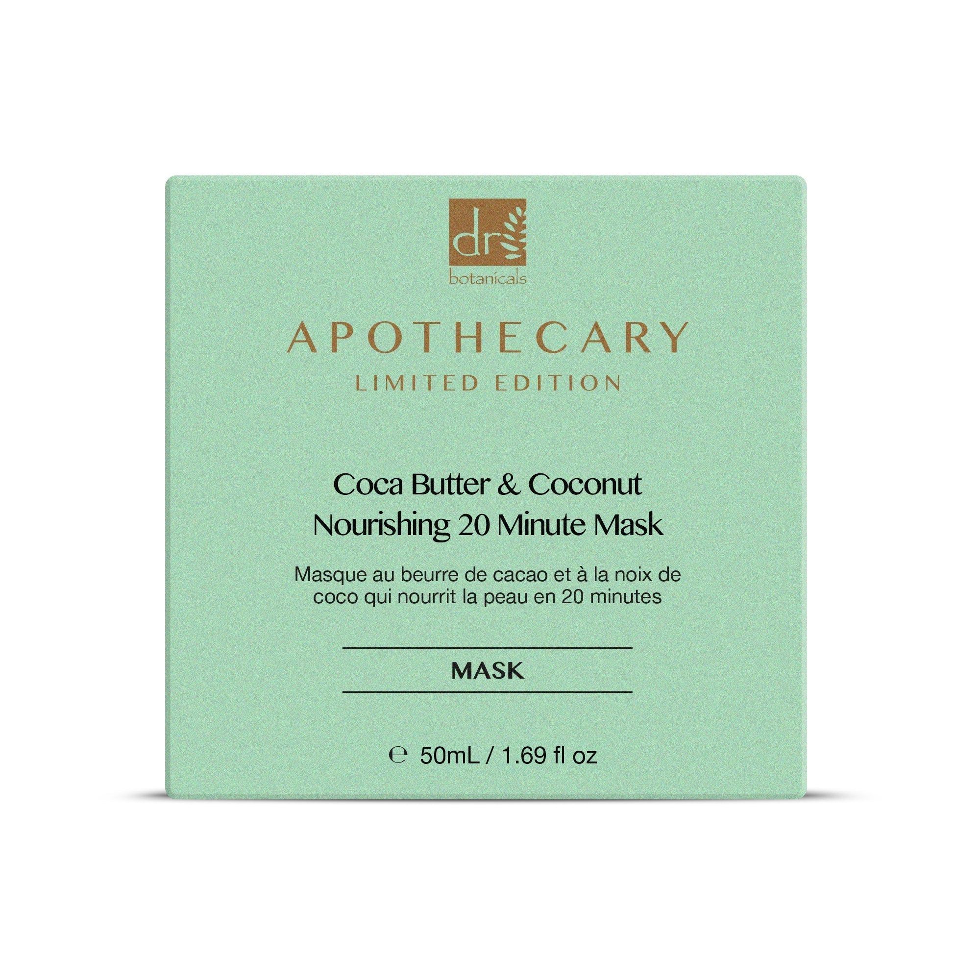 Scatola verde con testo: Cocoa Butter & Coconut Nourishing 20 Minute Mask. Scritta: Mask.