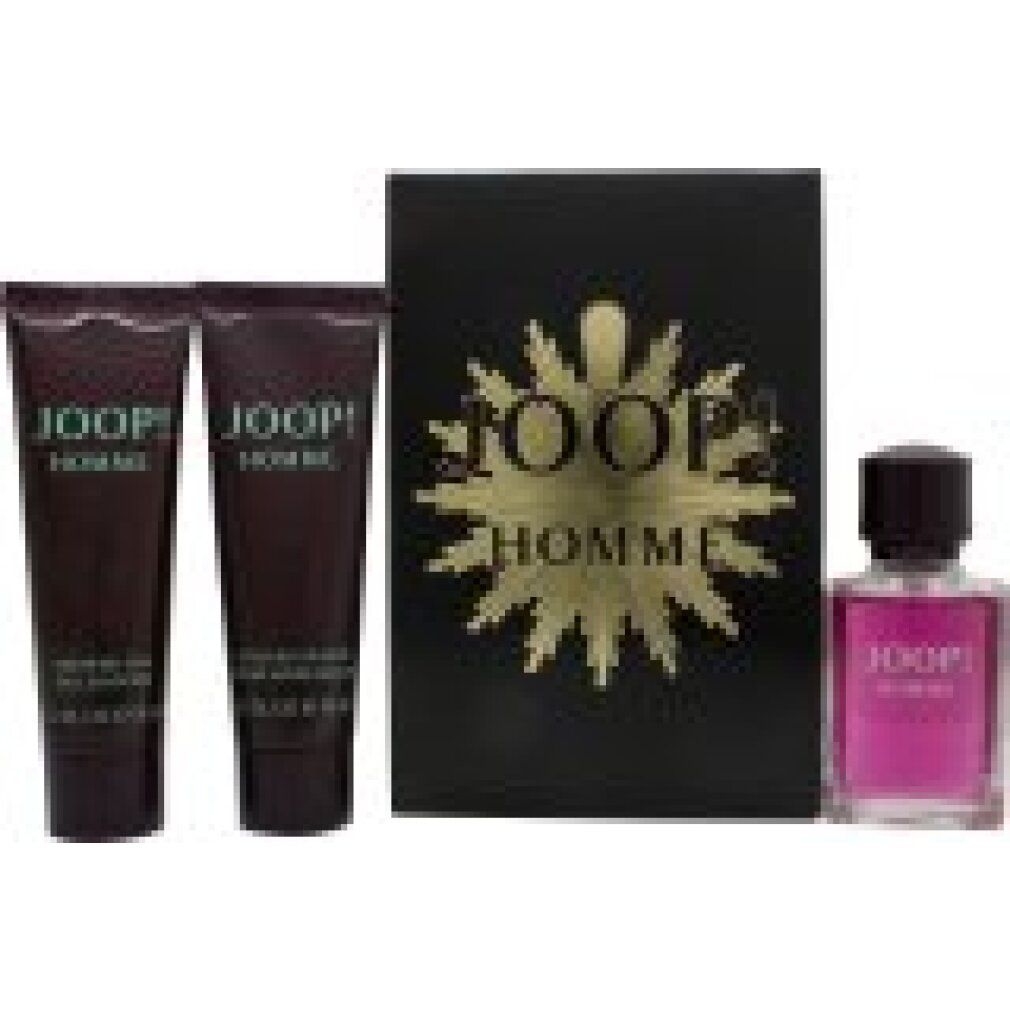 Set regalo Joop! Homme. Confezione nera con logo dorato. Due tubi, un flacone.