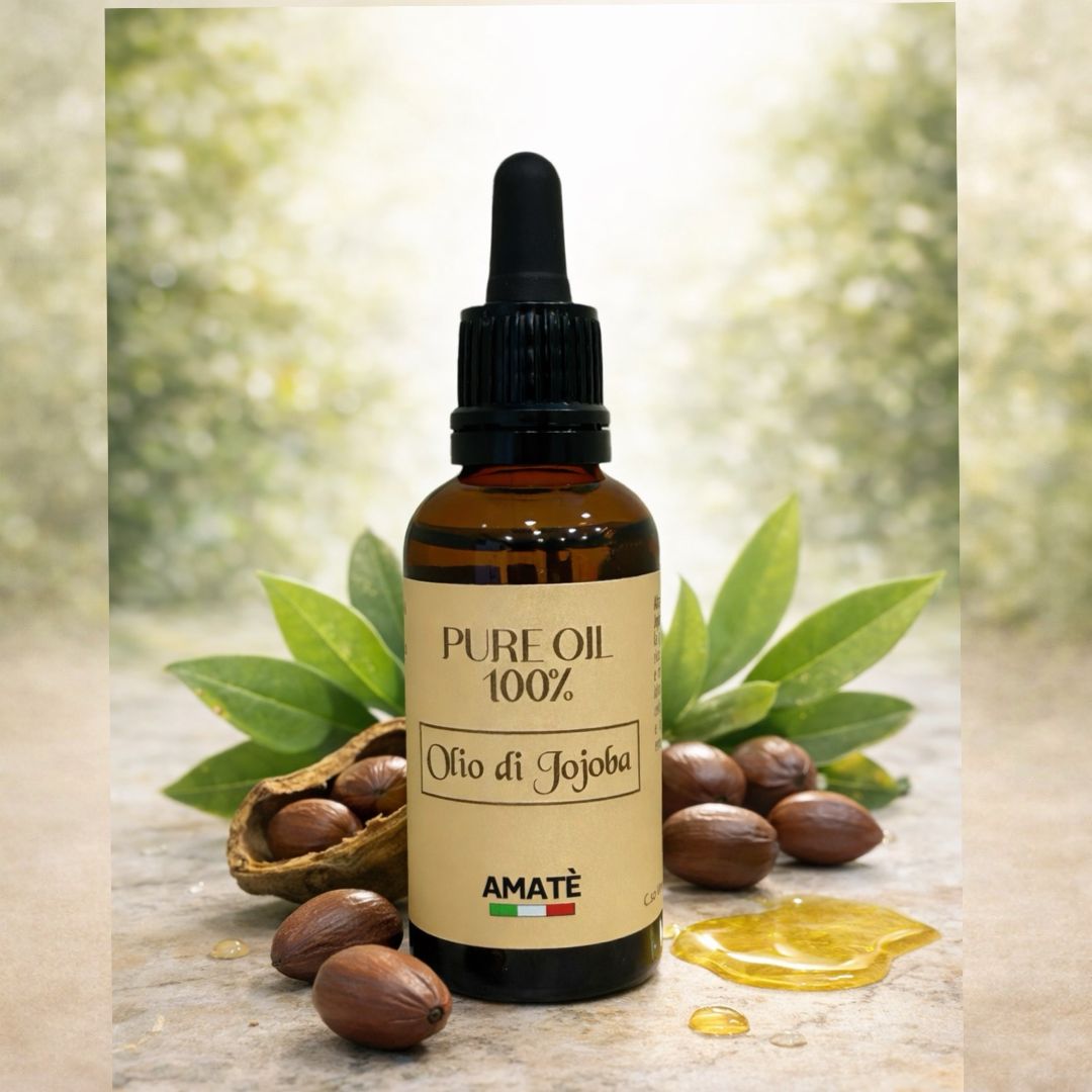 Flacone di vetro marrone con contagocce. Etichetta "PURE OIL 100%" e "Olio di Jojoba". Logo Amatè. Semi e foglie di jojoba.