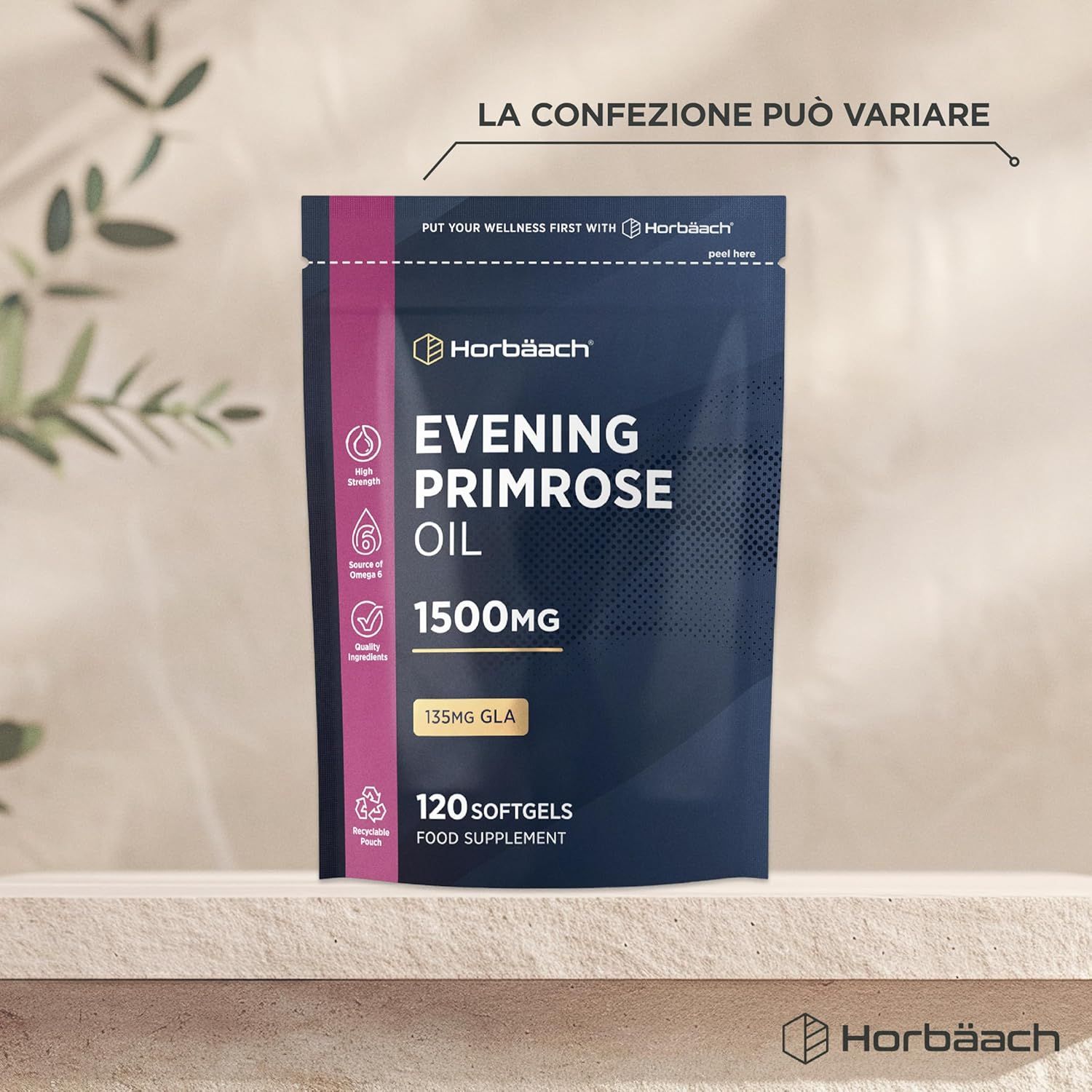 Confezione Horbaach Evening Primrose Oil, 1500mg, 120 softgels. Testo: 135mg GLA. Integratore alimentare.