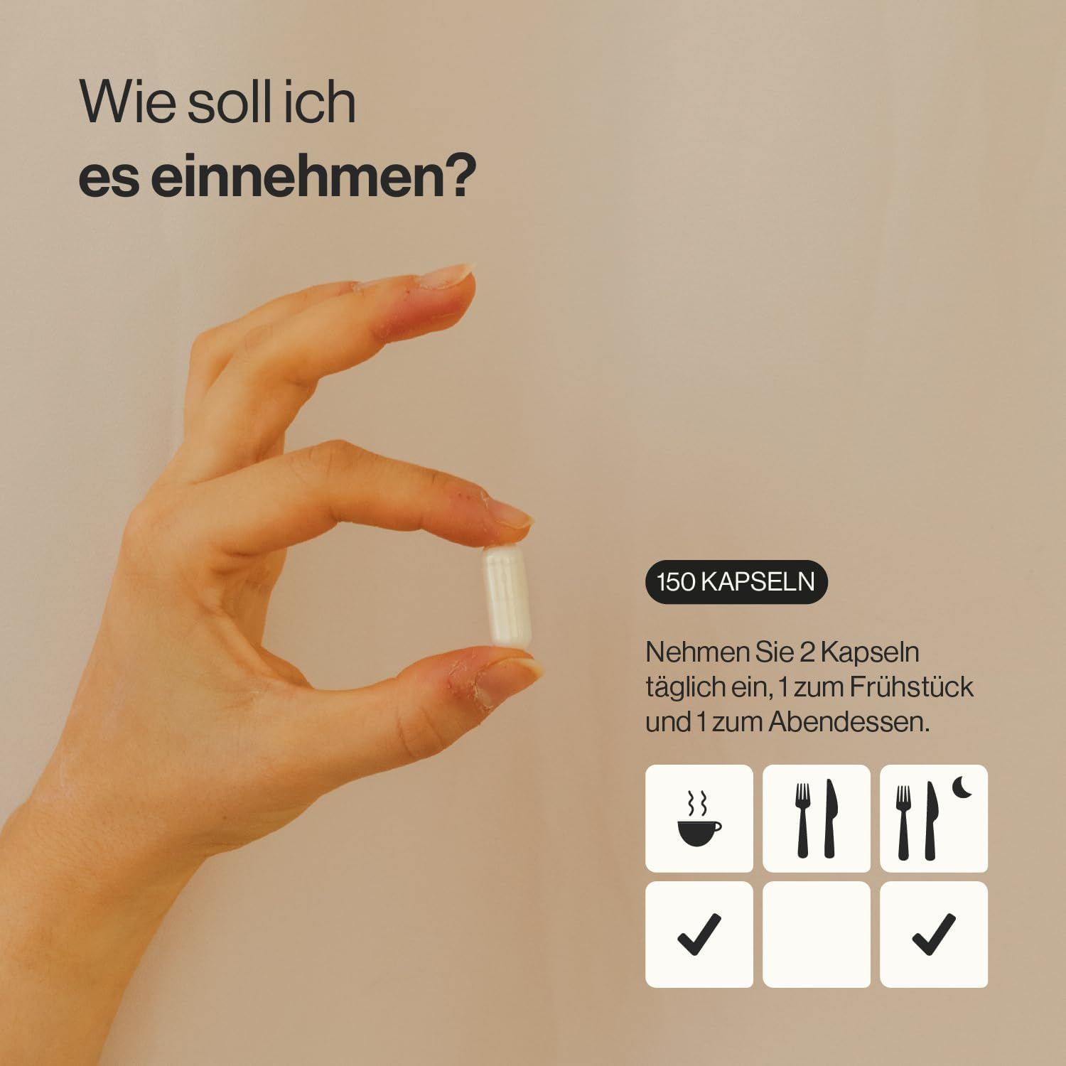 Mano che tiene una capsula. Testo: Assumere 2 capsule al giorno, 1 a colazione e 1 a cena. Simboli dei pasti.