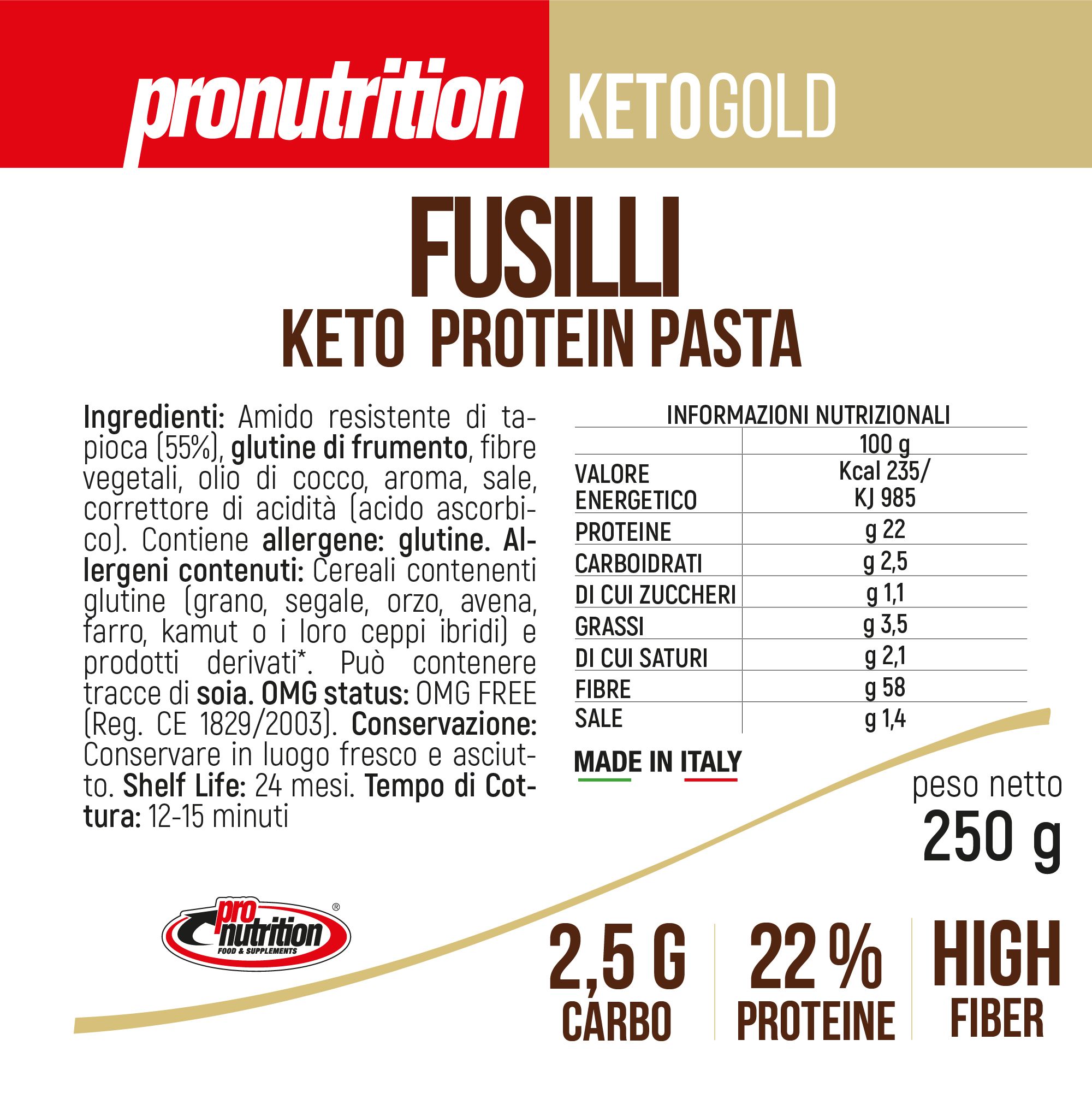 Primo piano delle informazioni nutrizionali su una confezione di pasta fusilli. Marchio: Pronutrition. Scritta: Made in Italy.