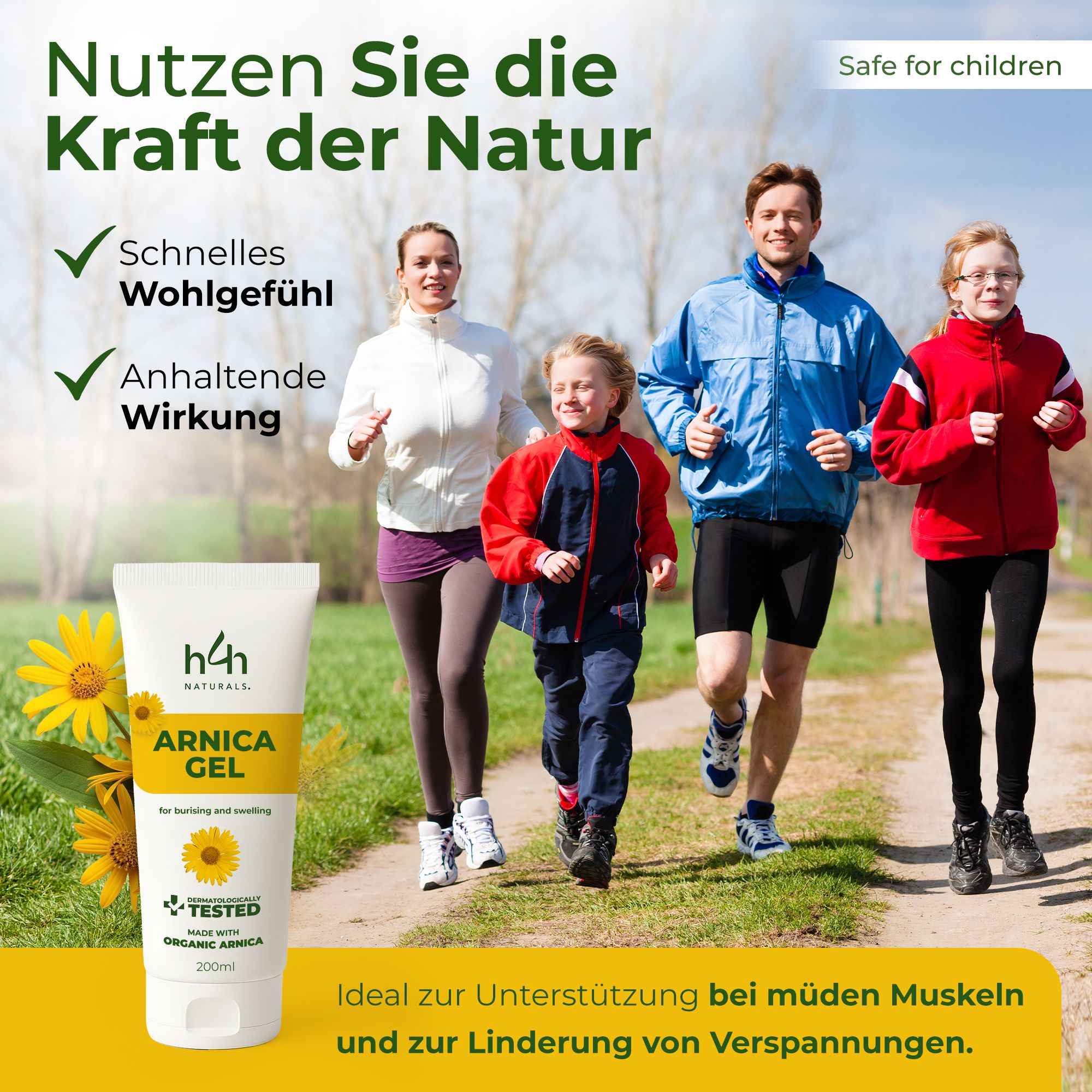 Tubo di gel all'arnica h4h Naturals. Famiglia che corre. Testo: Benessere rapido, effetto duraturo. Fiori gialli.