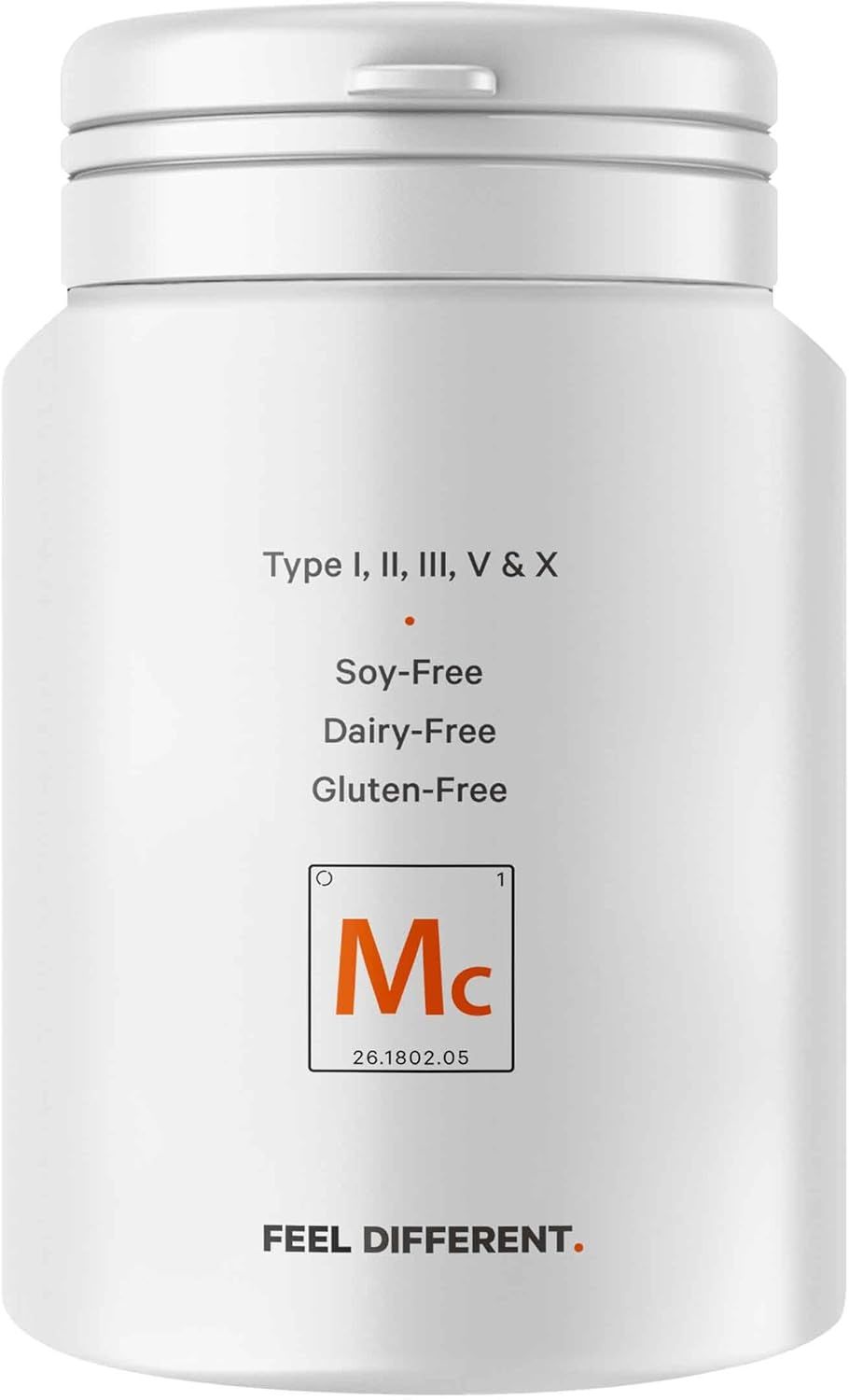 Barattolo bianco. Scritta: "Type I, II, III, V & X". Senza soia, latticini e glutine. Simbolo arancione.